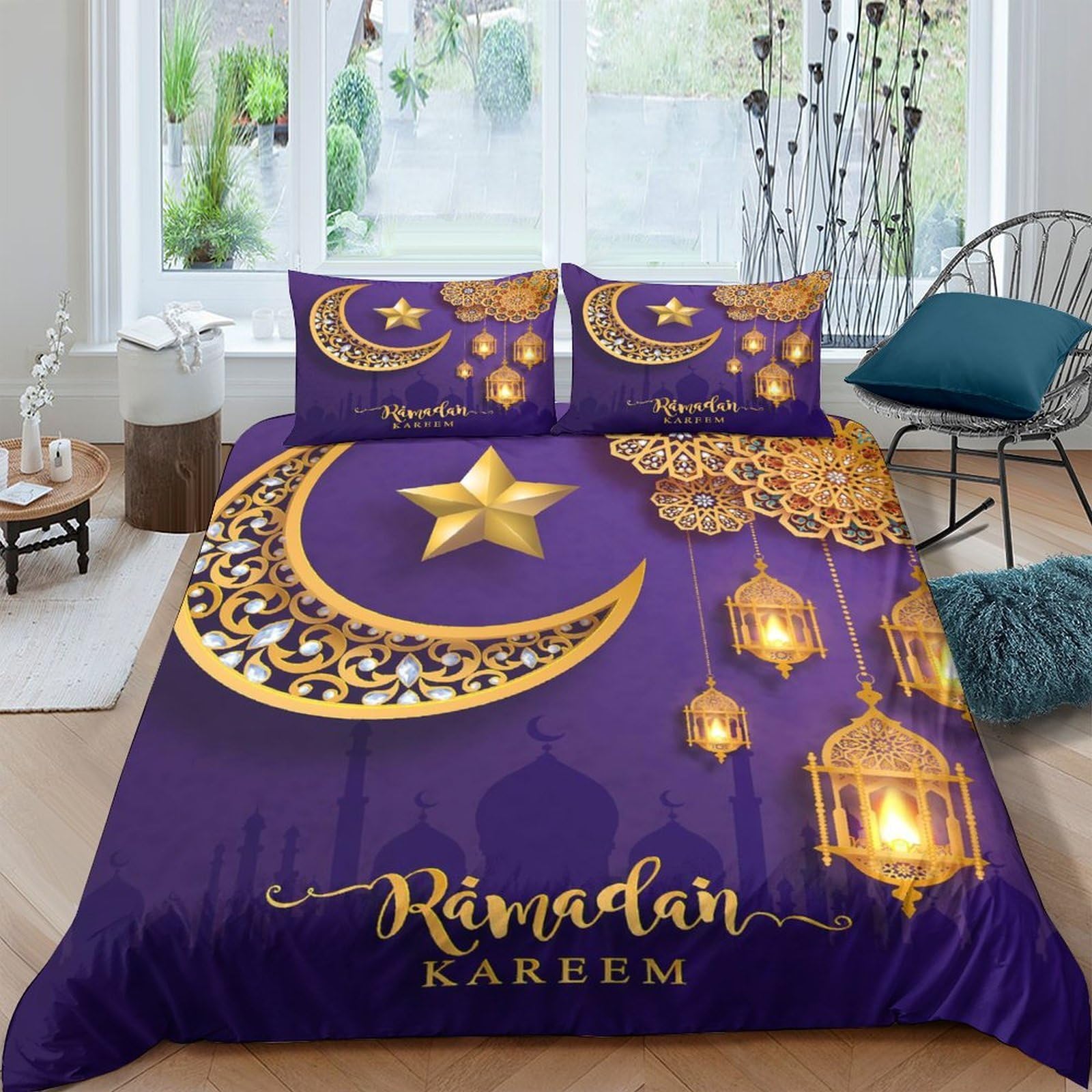 GPLZQXKJNH 3D Printed Ramadan Crescent Moon Duvet Cover Microfiber Soft Gold Lanterns Bedding Set with 2 Pillowcases for Bedroom Single（135x200cm）