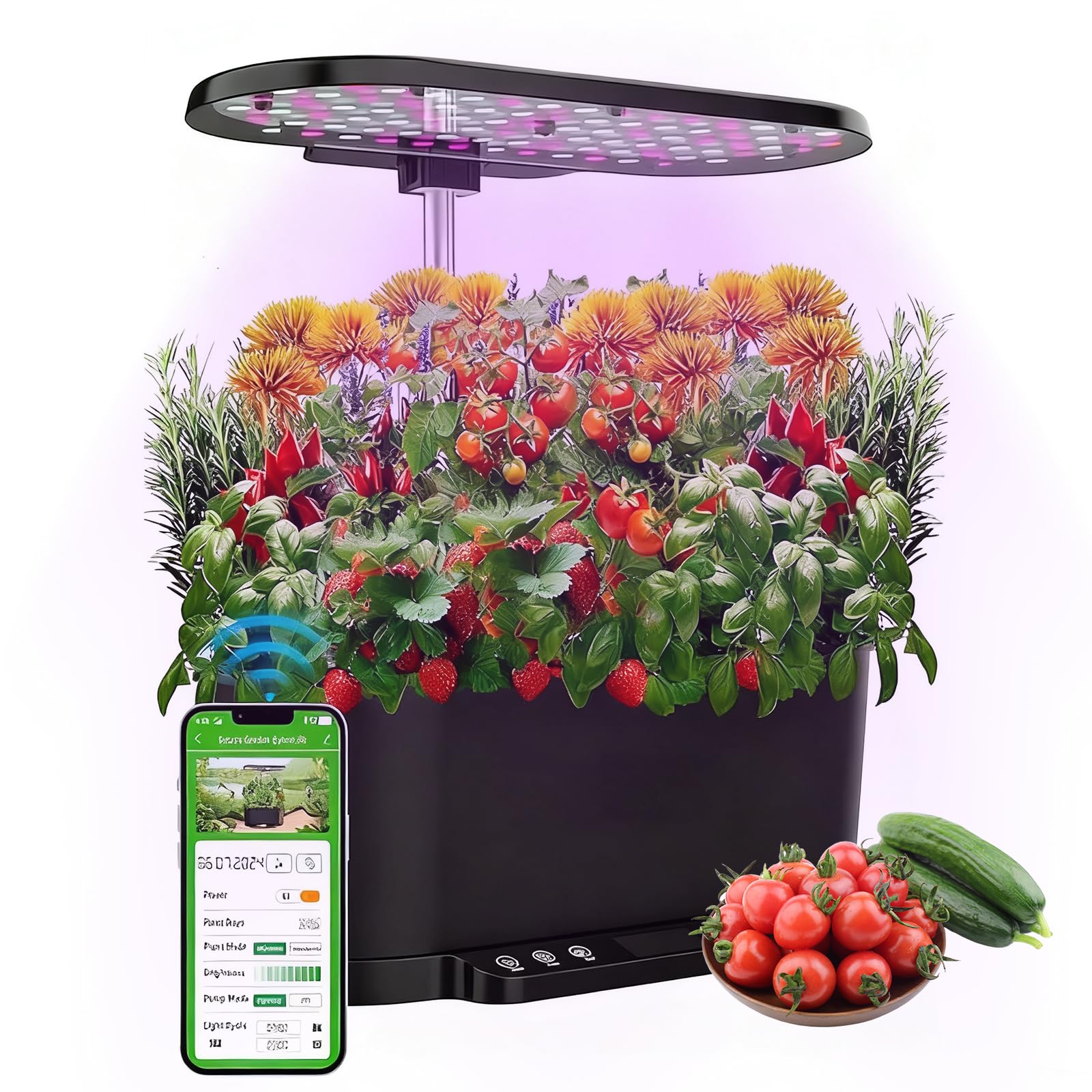 Système de culture hydroponique WiFi, 15 douilles, Smart Herb Garden Kit pour intérieur, jardin intérieur avec lumière de croissance LED 36 W, réservoir d'eau 5,5 l, système de pompage