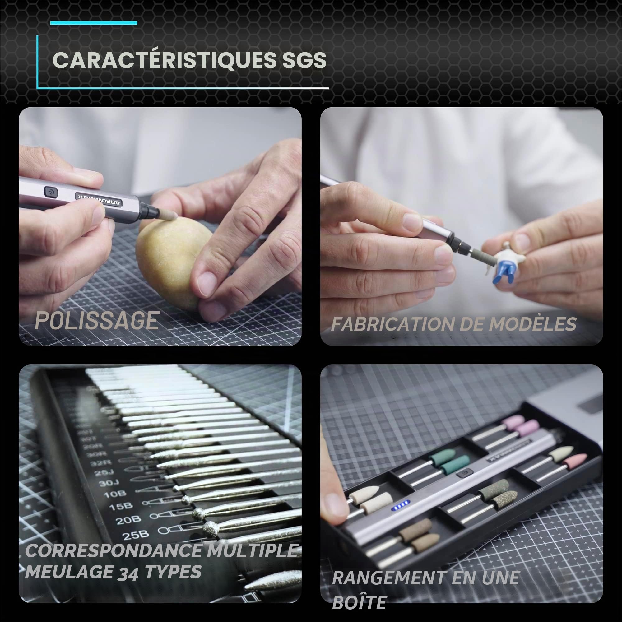 ARROWMAX Stylo de gravure électrique, stylo de polissage avec 36 mors, boîtier en aluminium, Bluetooth, APP, charge magnétique sans fil, machine à graver sans fil pour bijoux (SGS MINI)