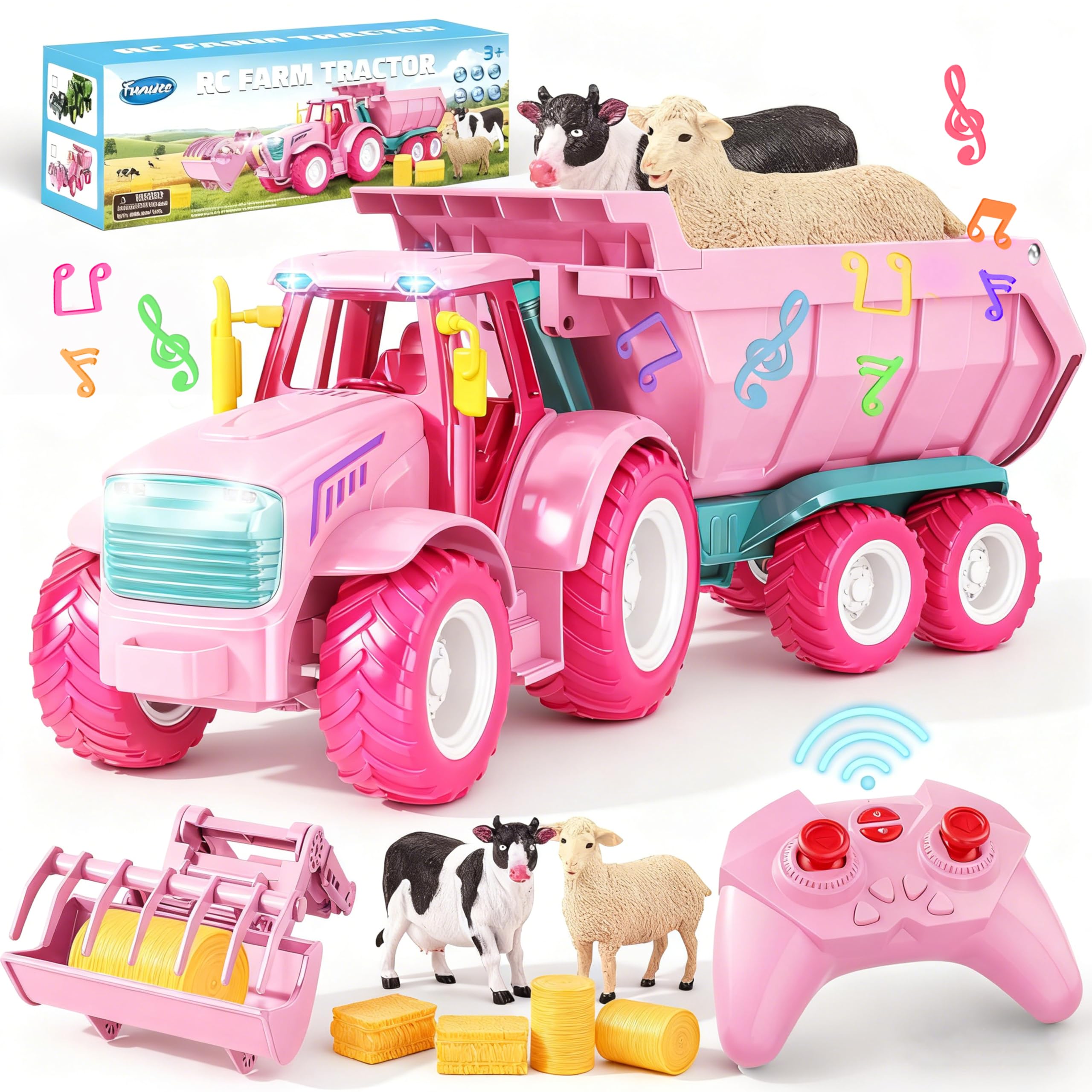 Funwee RC Farm Tractor Toy w/Light & Music, Kid Truck Toy w/Front Loader & Farm Animal, 2.4GHz RC Tractor Trailer Car Vehicle Toy for Boy Girl Age 3 4