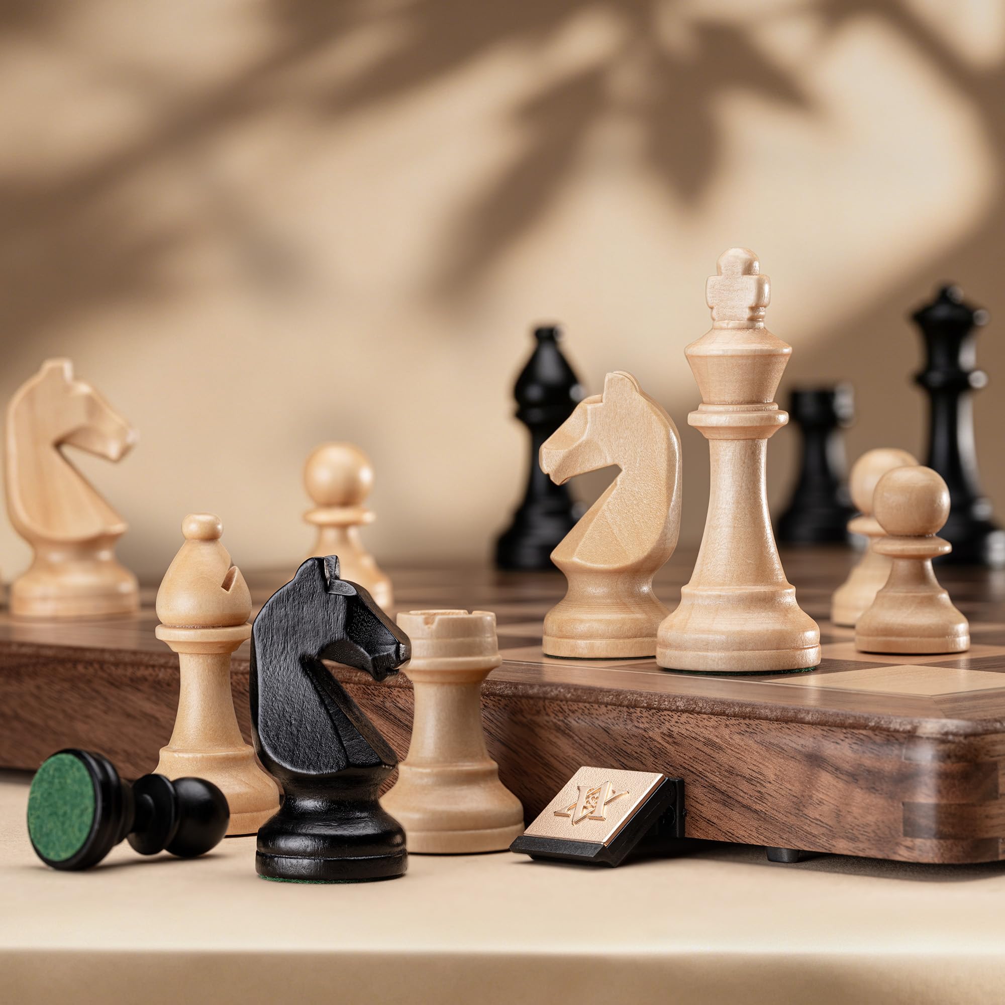 A&A 15 inch Wooden Folding Chess Set w/ 3 inch King Height Staunton Chess Pieces / 2 Extra Queens - Natural Walnut Wood