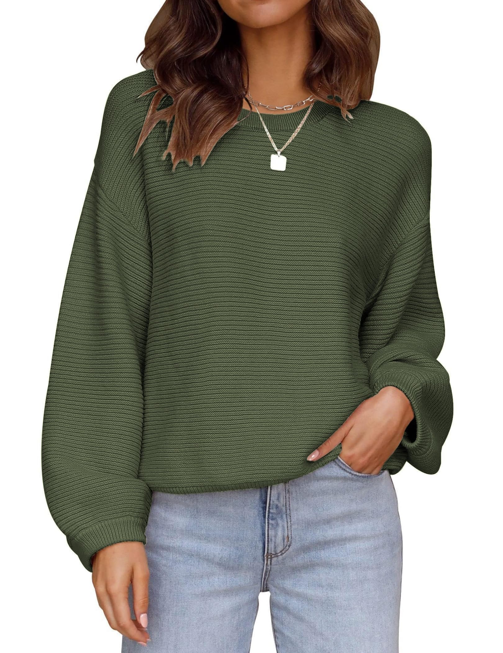 Zeagoo Pullover Damen Fledermausärmel Strickpullover Rundhals Pulli Gestrickte Sweater Bequem Oberteile Herbst Winter S-XXL