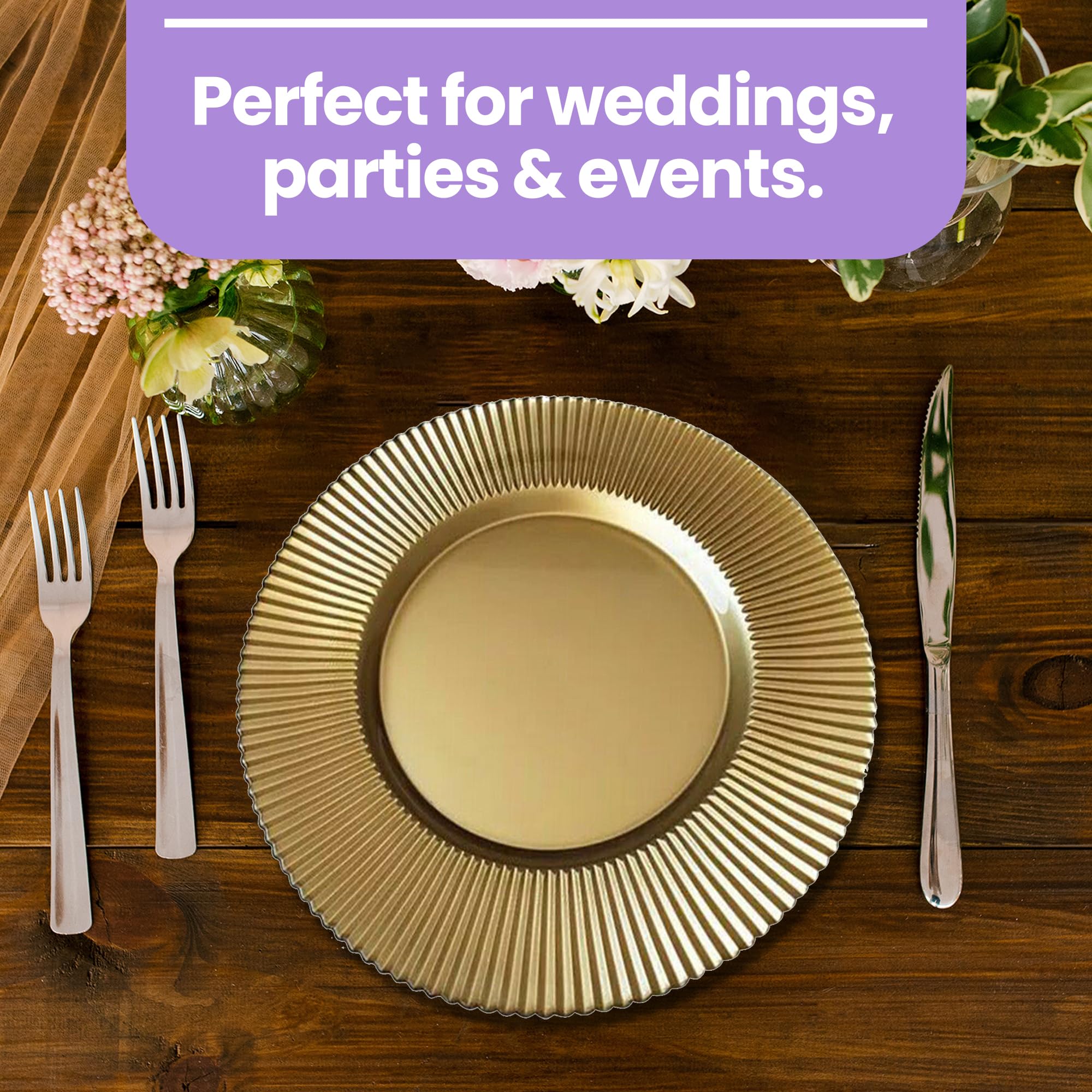 Platos de carga dorados con borde acanalado, 33 cm, elegantes placas inferiores de polipropileno para bodas, fiestas, aniversarios, cumpleaños, vajilla, eventos de catering y eventos especiales, juego