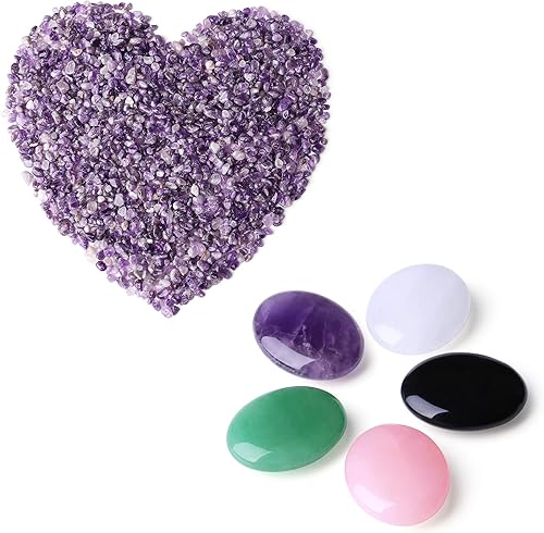 LAIDANLA Juego de 5 piezas de cristal de piedra triturada de amatista y piedras curativas ovaladas de palmera, piedras preciosas naturales a granel,