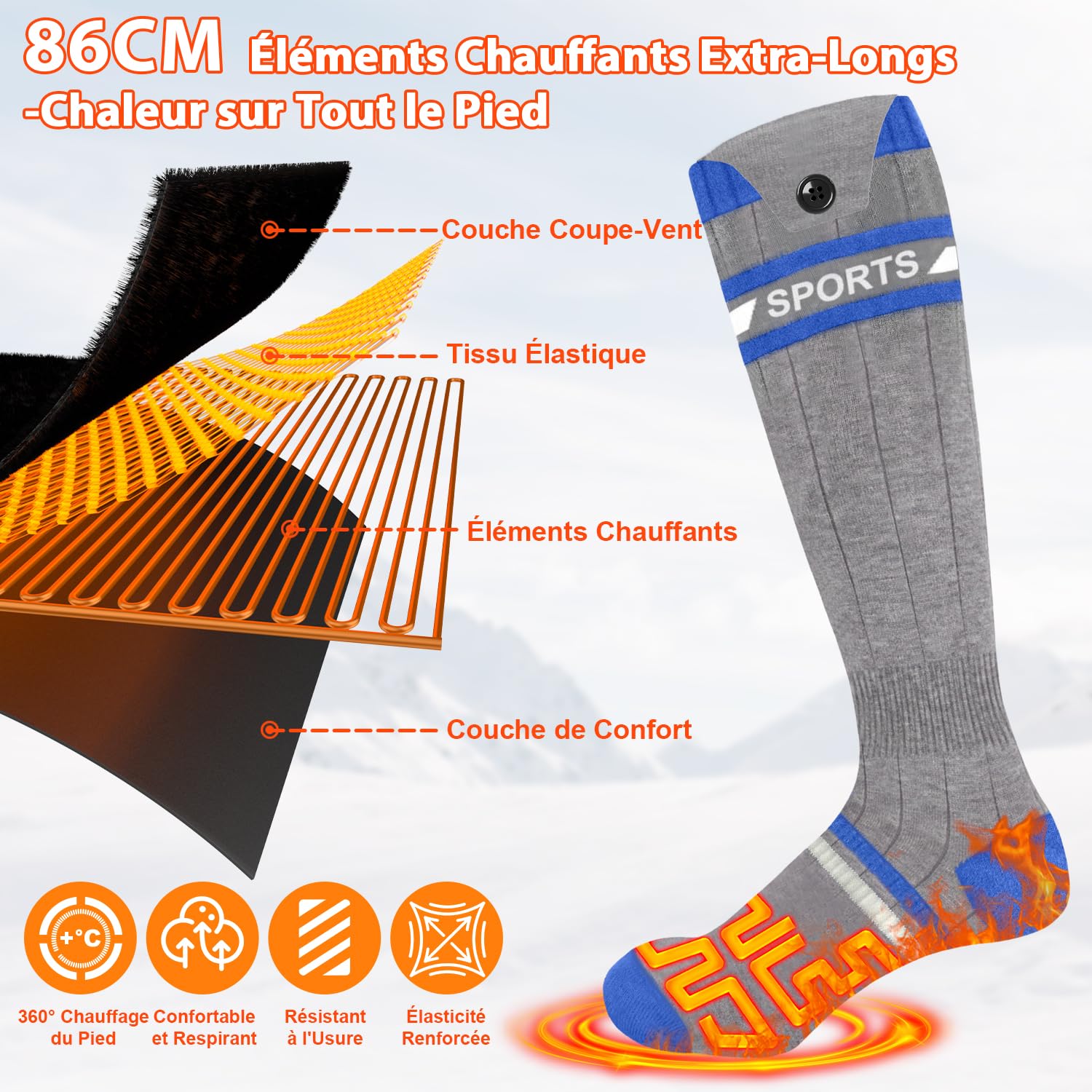 Chaussettes Chauffantes Homme Femme avec Télécommande APP Chauffe-Pieds,8000mAh Rechargeables Chaussettes Chaudes Electriques,Chauffage de la Plante du Pied pour Ski Camping Cyclisme(Bleu Foncé Gris)