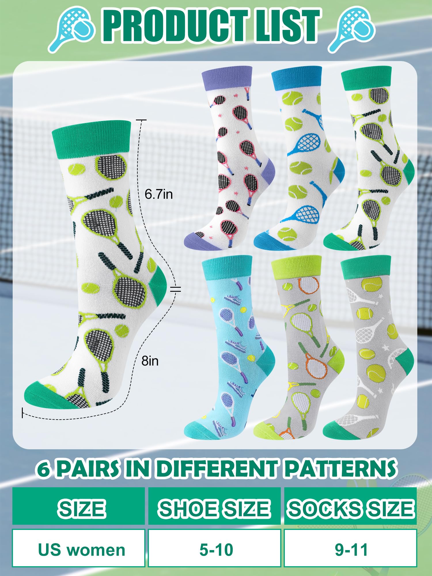 6 pares de calcetines de tenis divertidos para mujer, calcetines casuales novedosos, accesorios para amantes del tenis, regalos de cumpleaños y vacaciones