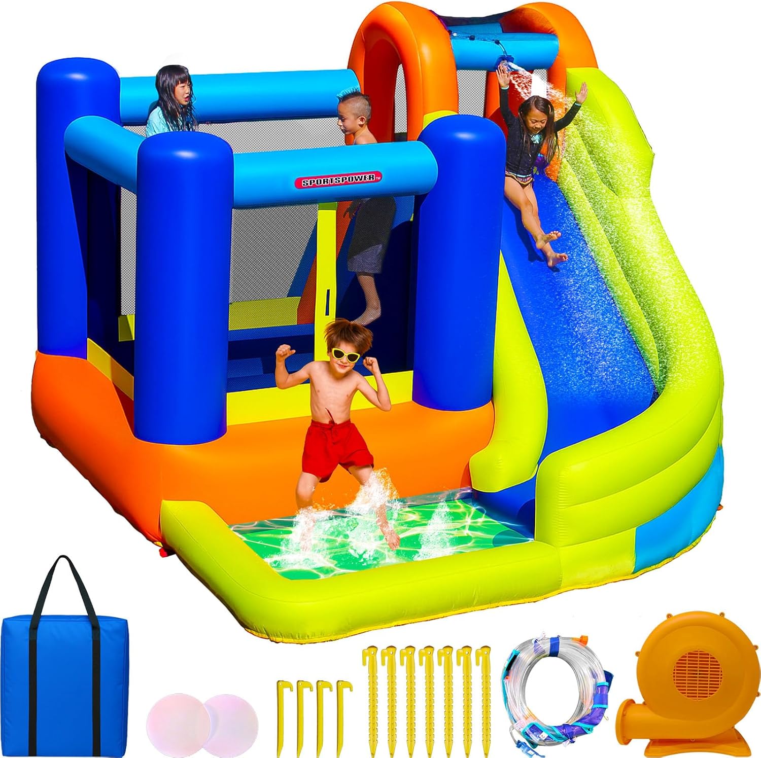 Sportspower My 1st Jump N Slide Inflatable Bounce House with Water Slide & Splash Pool, Large Outdoor Warkpark for Kids, Heavy Duty, ASTM Certified, on 450W Blower
