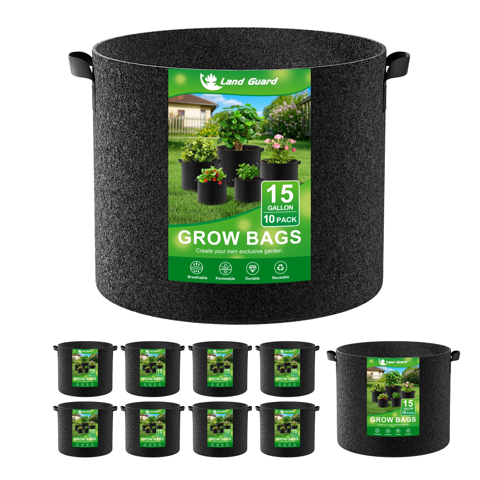 Land Guard 10-Pack Fabric Grow Bags 15 Gallon, Thickened Nonwoven Garden Pots, Growing Bags with Handles, Black