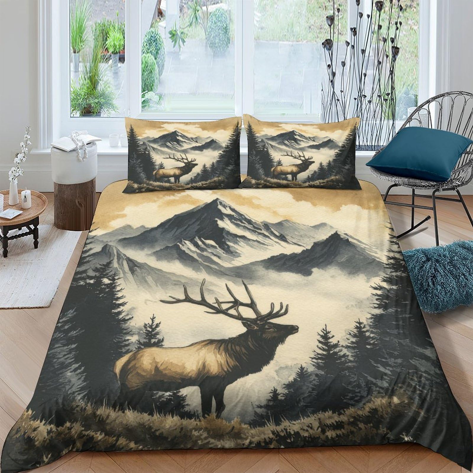 Ctjqhvkz Style-3 3D Printed Forest Elk Fitted Sheet Microfiber Soft Mountain Landscape Bed Cover For Bedroom Guest Room Decor Single（135X200cm）