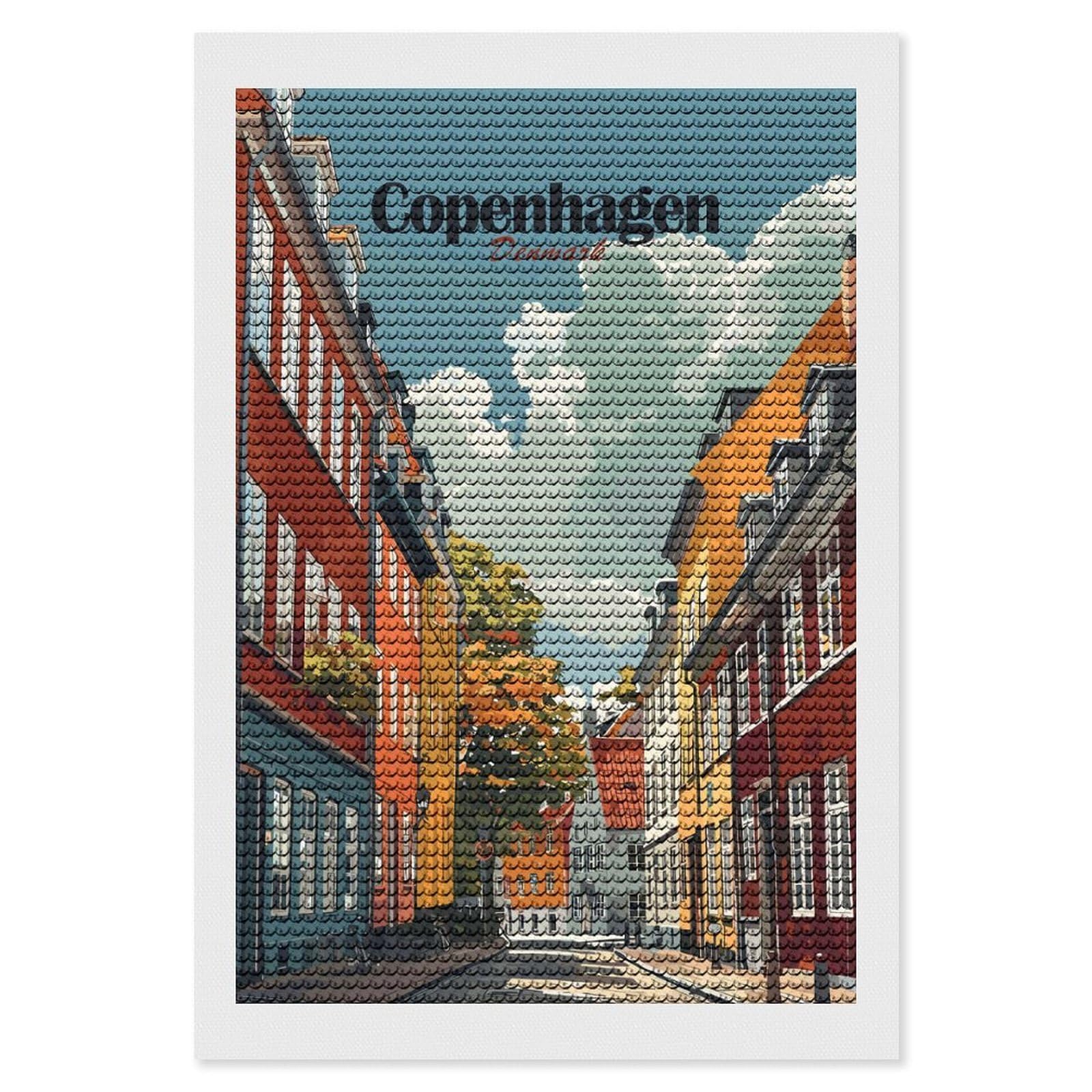 Junmoney Copenhagen Denmark Cityscape Art Print Round Drill Diamond Painting 8"x12", Handmade Wall Decor, Modern Decor, Aesthetic Room Decor, Easy Craft Set