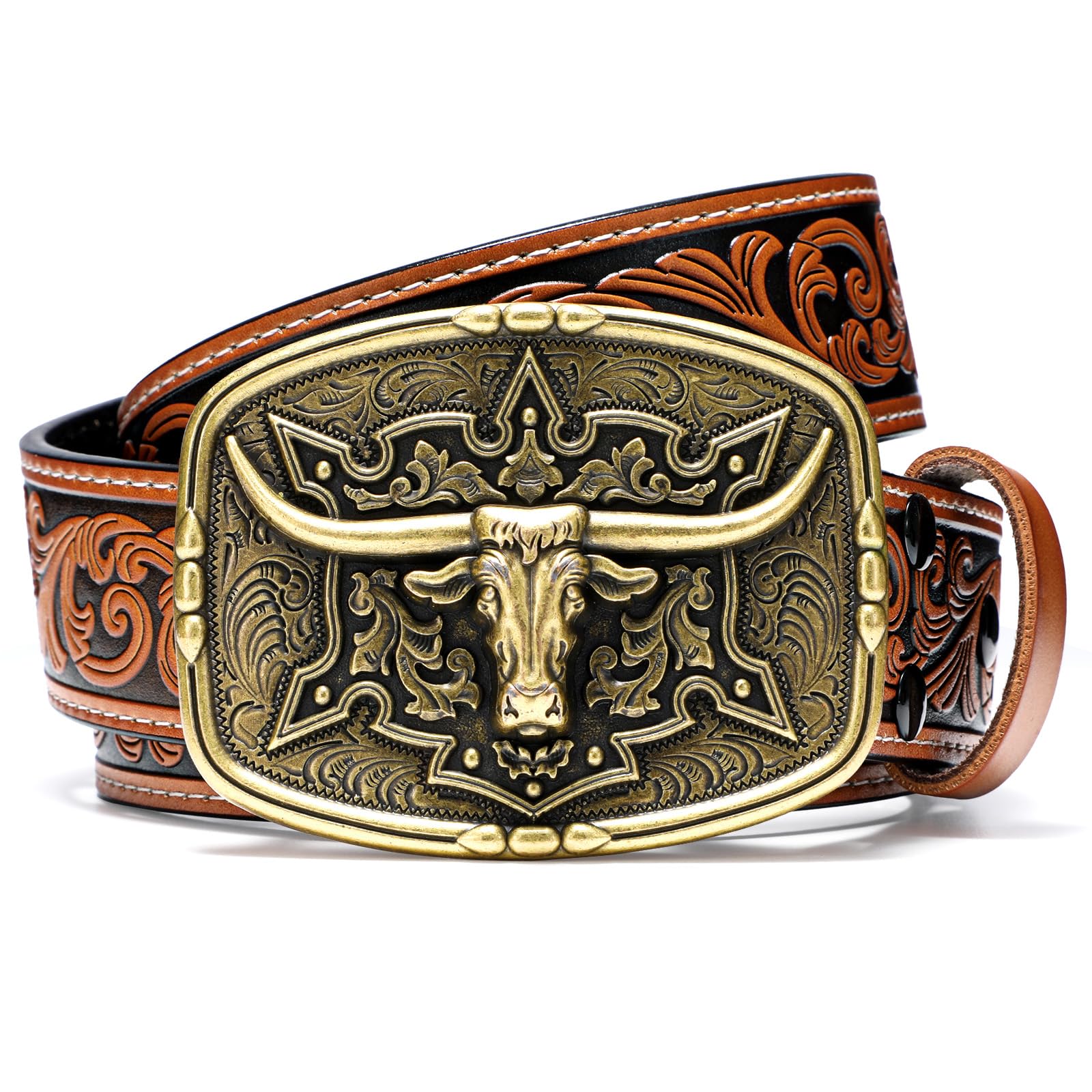 SANSTHS Western Cowboy Belts for Men Women, Mens Western Belt Bull Buckle Country Belt Cowboy Leather Belt for Jeans