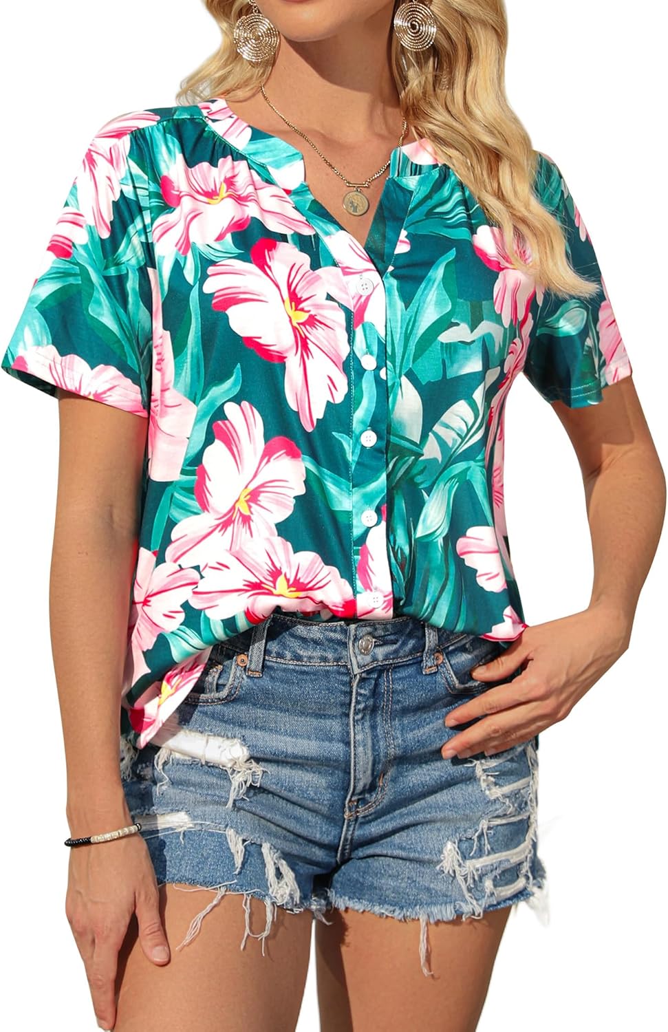 Womens Hawaiian Shirts V Neck Short Sleeve Button Floral Printed T-Shirt Summer Casual Pleated Trendy Blouses Tops - Image 3