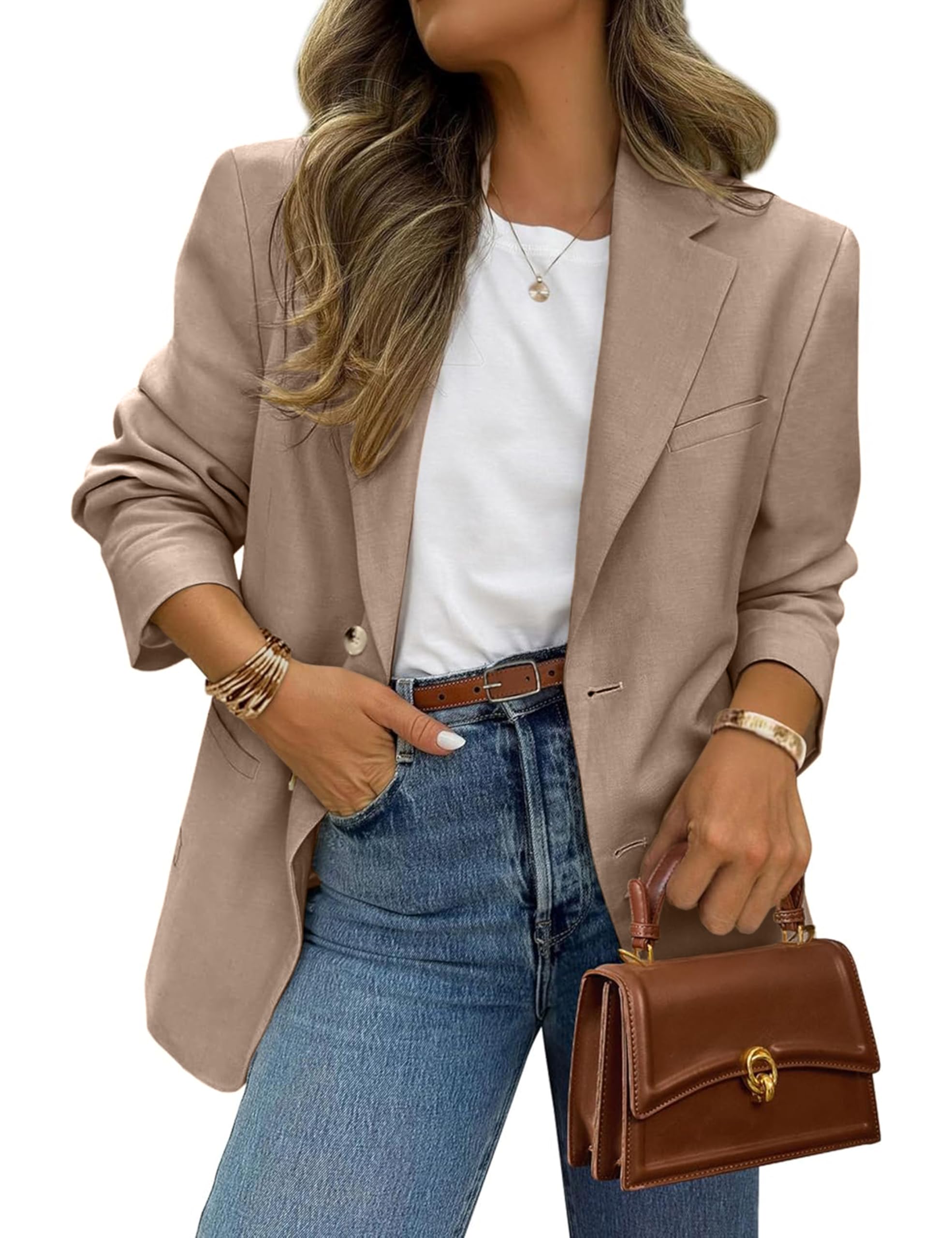 Womens Casual Work Office Blazer Jacket Long Sleeve Lightweight Open Front Two Button Suit Blazer with Pockets