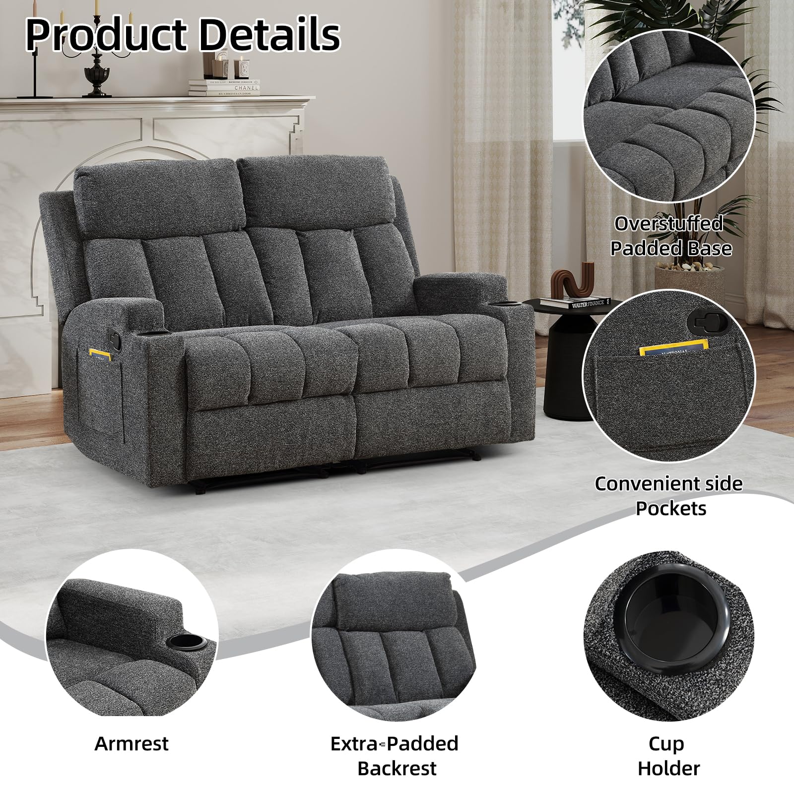 CANMOV Manual Recliner Sofa Set, Fabric Recliner Living Room Furniture Sets, 1 Seat Reclining Chair and a Loveseat Furniture Set with Side Pockets and Cup Holders, Dark Grey view 3