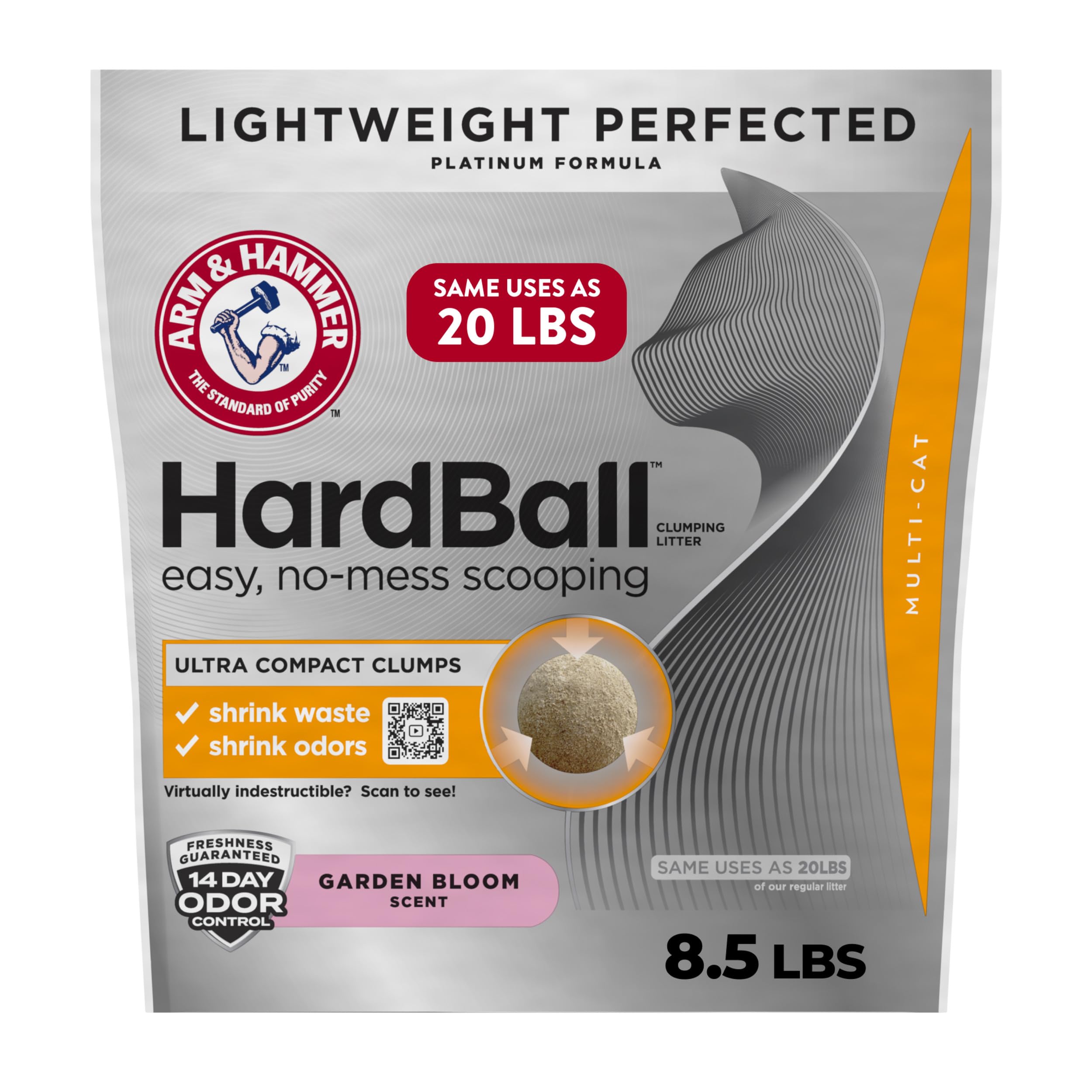 ARM & HAMMER Hardball Lightweight Platinum Multi-Cat Clumping Cat Litter Odor Control, Easy No-Mess Scooping, Garden Bloom Scent, 8.5 Lbs.