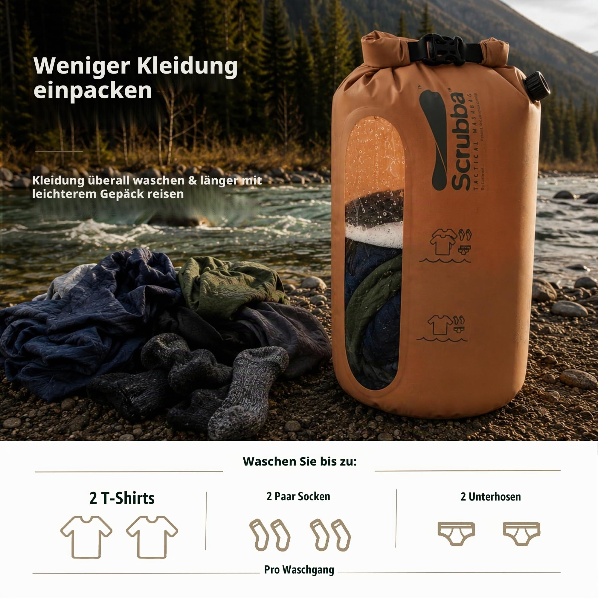 Scrubba TACTICAL Waschbeutel & Trocken-Set – Tragbares Waschsystem mit XL Handtuch, Wäscheleine & Haken – Für Camping, Hiking, Militär, Hostels & Hotels – Kompakt & robust – Waschlösung für unterwegs