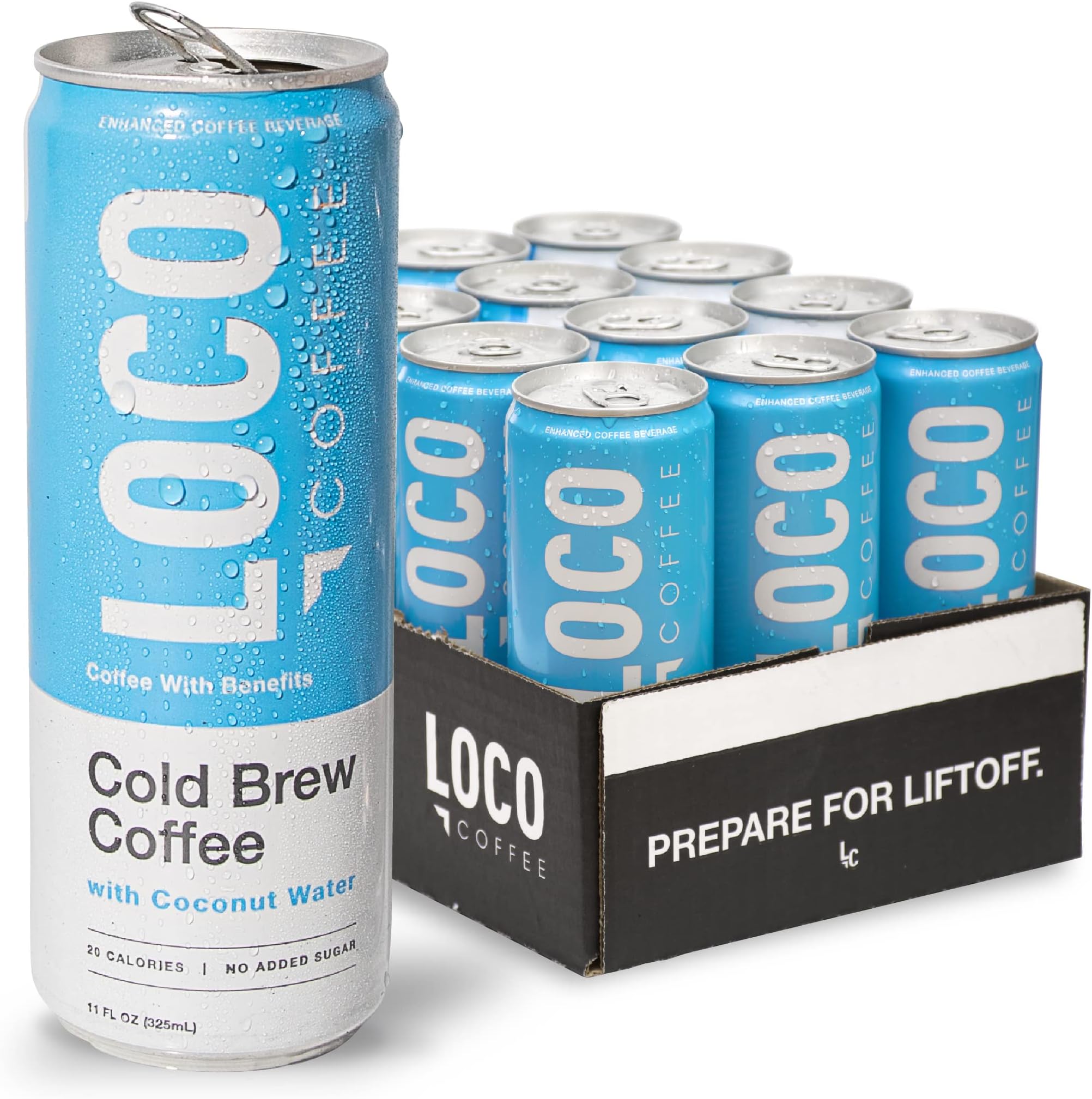 Loco Coffee Black Cold Brew Coffee [With Coconut Water] 11 Ounce Can, 12 Count | Medium Roast, 180mg Caffeine | Gluten Free and Dairy Free | Low Sugar, Low Calorie Iced Coffee