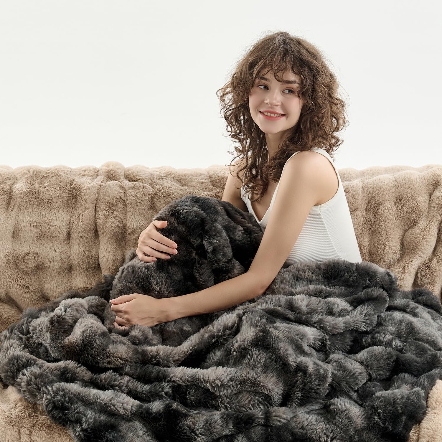 Wajade Fluffy Faux Fur Throw Blanket for Couch Bed 90x90, Luxury Soft Thick Fuzzy Plush Bubble Blanket, Warm Cozy Blanket for Sofa Chair, Tie-dye Dark Grey - Image 2