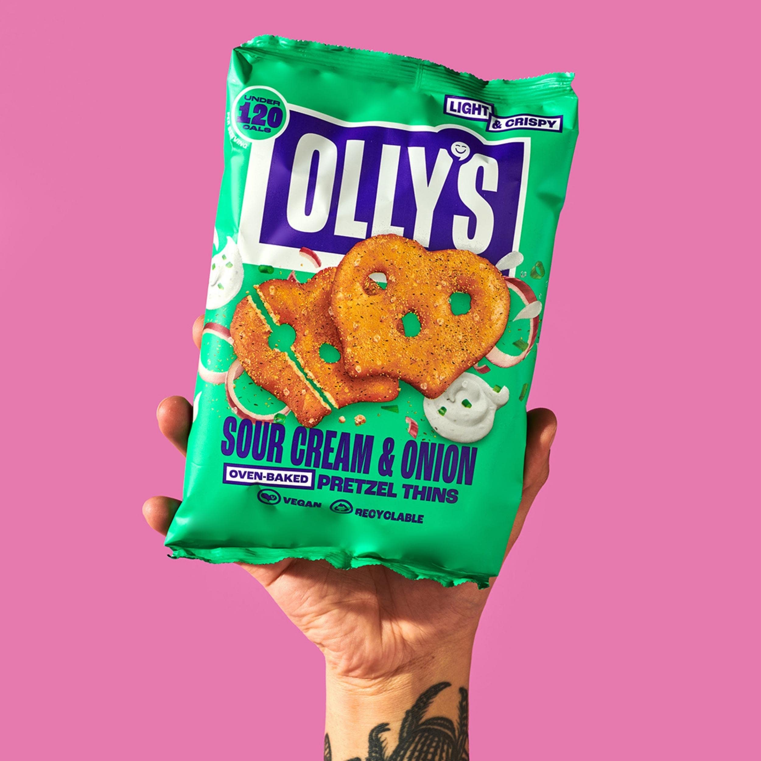 Olly's Pretzels horneados Sabor a Crema Agria y Cebolla, Snacks Veganos, Pack 7 bolsas x 140g