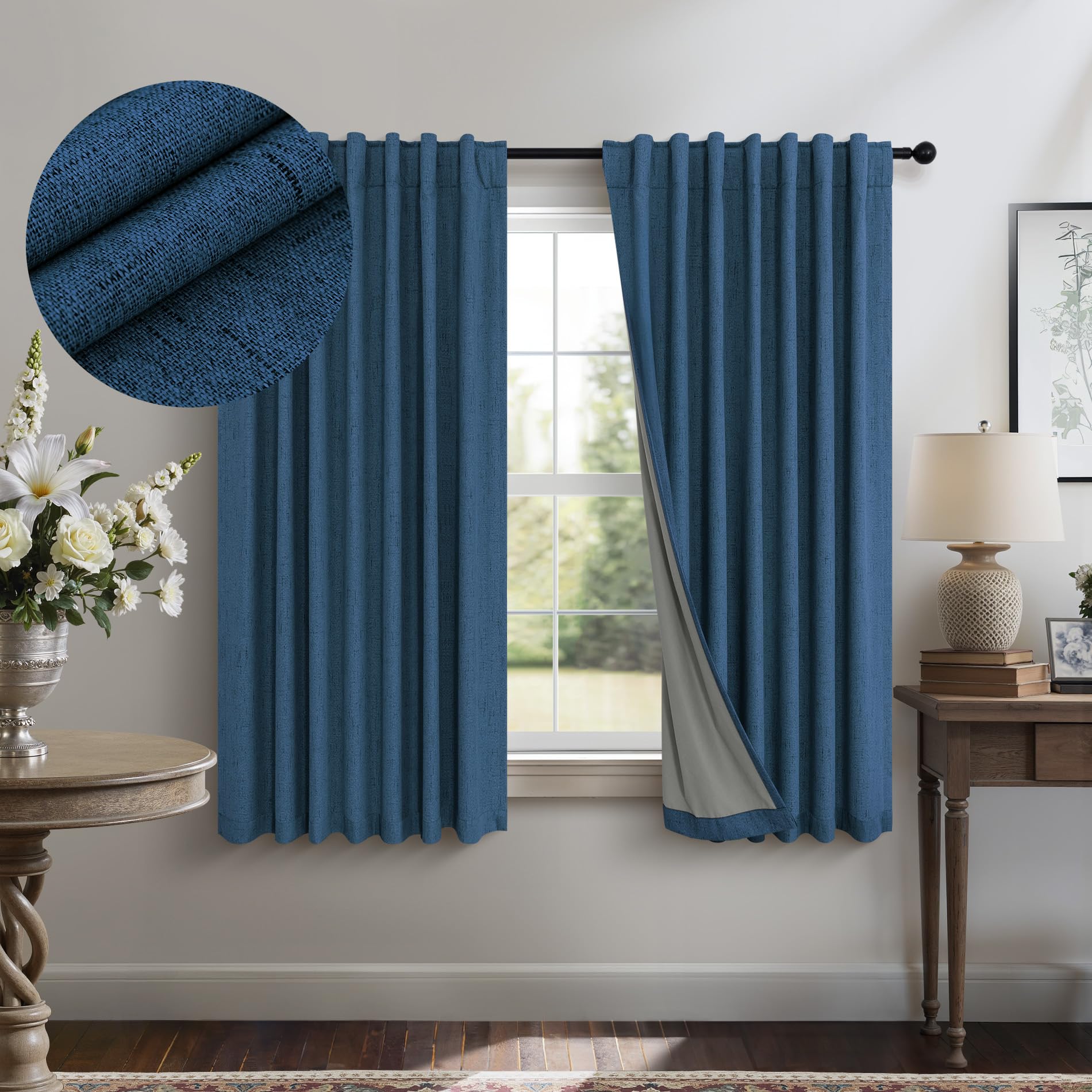 Navy Blue Small Blackout Curtains for Bathroom 45 Inches Long 2 Panel Sets Linen Look Back Tab Pocket Black Out Short Length Heat Reflective RV