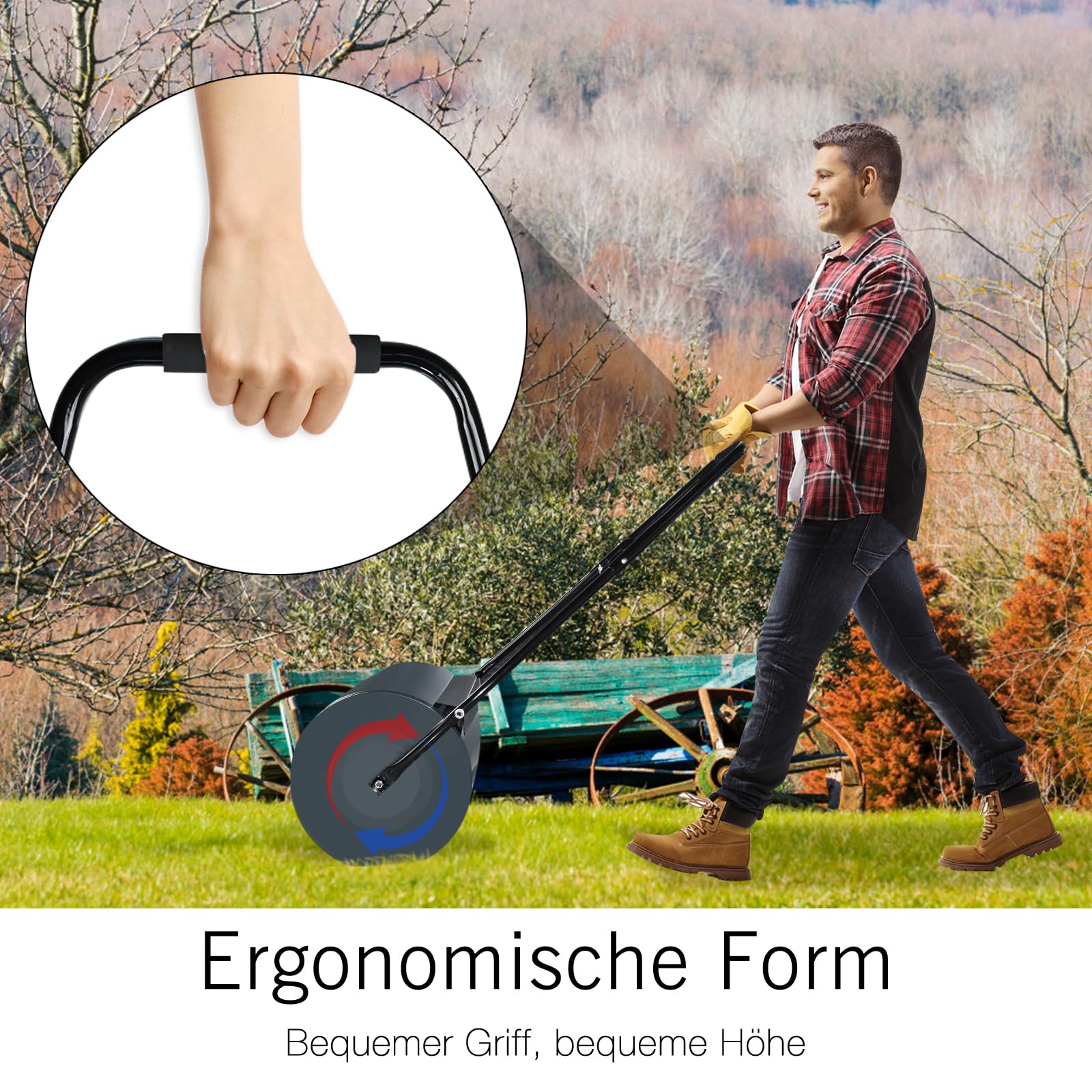 MAYTIIMO Gazonwals, handroller voor tuin, met vuilafstotend, 57 cm brede metalen roller met een diameter van 32 cm en een capaciteit van 46 liter, robuuste akkerroller voor gazononderhoud, vulbaar met