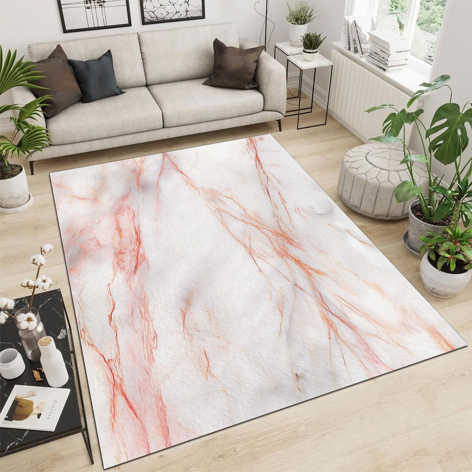 Biały dywanik, można prać w pralce, nie gubi włosia, marmuru, tekstura, dywan z nadrukiem, 160 x 230 cm, miękki, antypoślizgowy, do salonu, sypialni, kuchni, biura, na werandę, do jadalni, domu, na