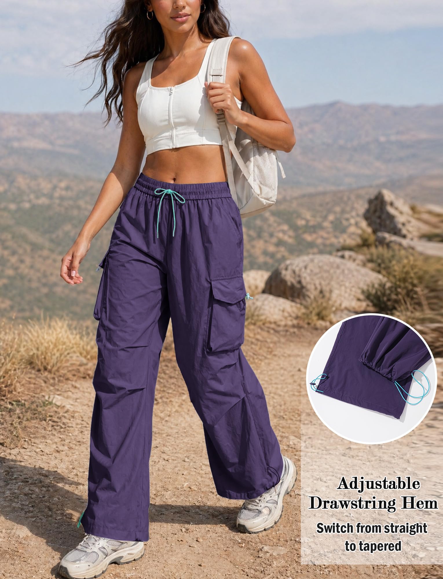 FEOYA Damskie spodnie trekkingowe, wodoodporne, szybkoschnące, spodnie outdoorowe, szerokie nogawki, spodnie cargo, Baggy Parachute Pants High Waist