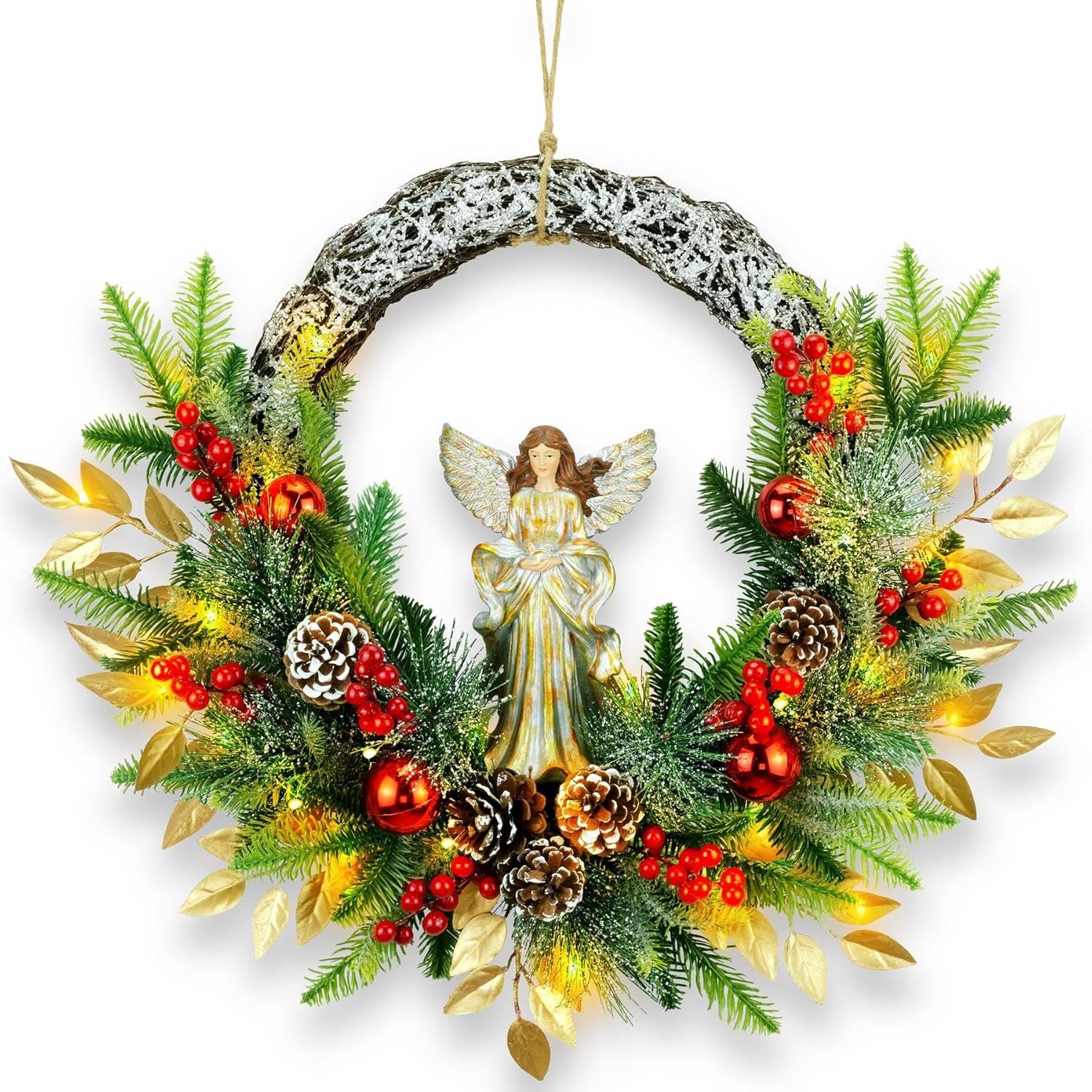 YULETIME 24" Angel Christmas Wreath, Artificial Holiday Wreath with Resin Angel Statue, Natural Rattan Ring & Pine Cones, Golden Leaves, Red Baubles, Spruce Branches, Snowy Pine Needles