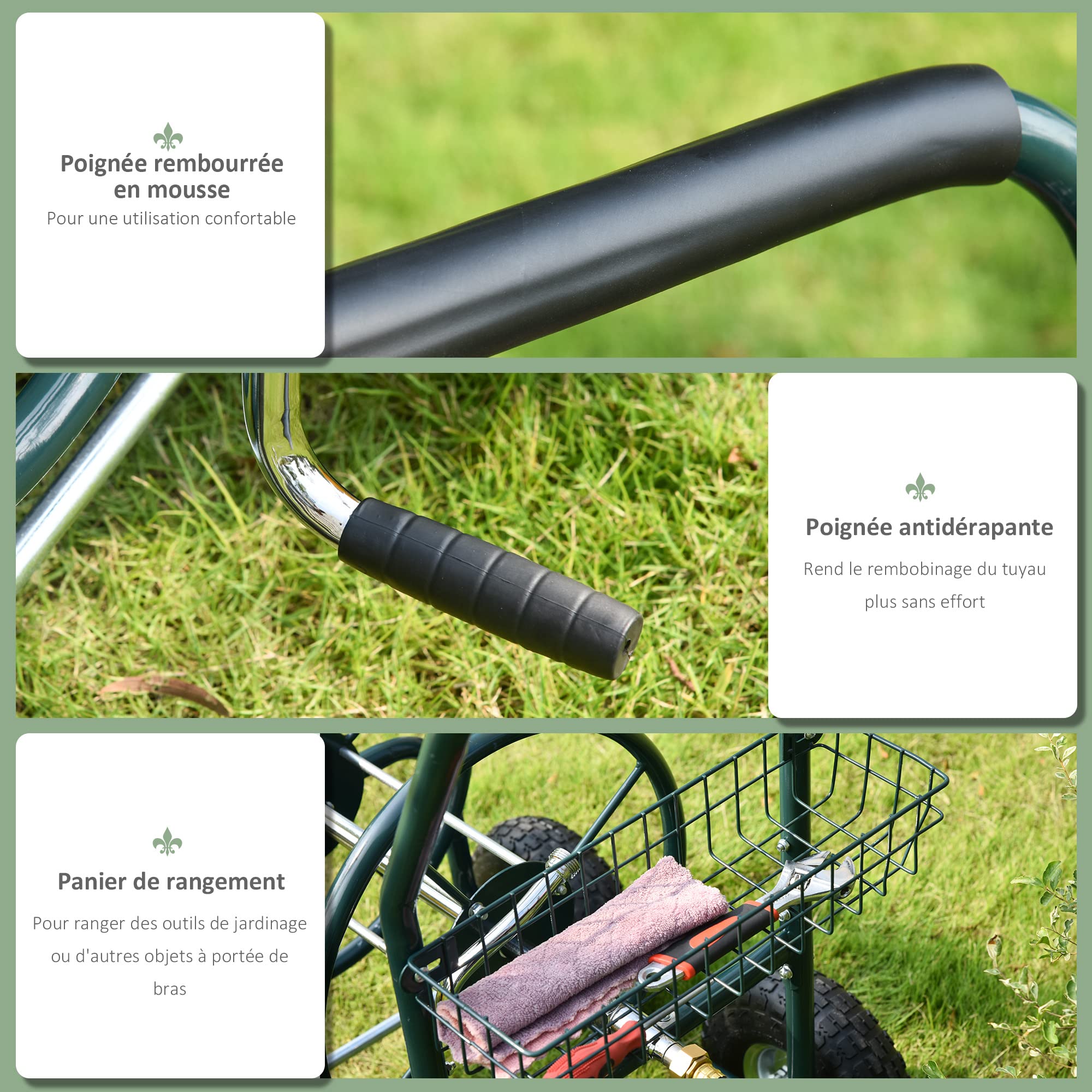 Outsunny Dévidoir sur Roues 70 m - dévidoir métal - dévidoir Chariot - Enrouleur Tuyau d'arrosage - poignée antidérapante, Panier Rangement - métal Vert