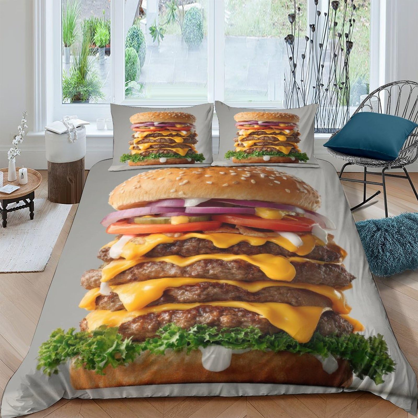 Ctjqhvkz Style-1 3D Printed Burger Stack Fitted Sheet Microfiber Soft Decorative Cheeseburger Bed Cover For Bedroom Guest Room Dorm Easy Care Single（135X200cm）