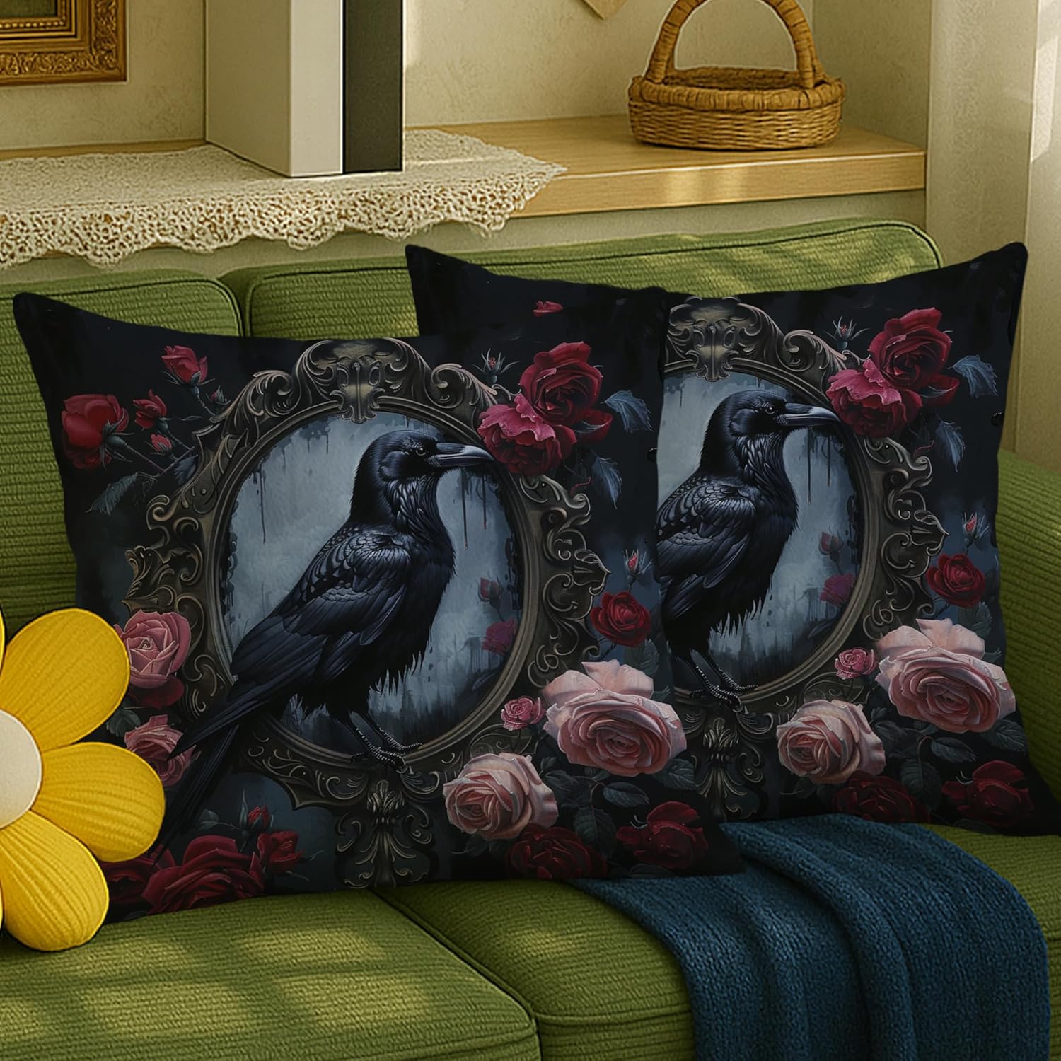 Gothic Raven and Rose Pillow Covers Set of 2, Dark Romantic Floral Mirror Throw Pillow Cases, Victorian Vintage Art Decorative Square Decor Cushion Covers for Living Room Sofa Bed Couch 24x24 Inch