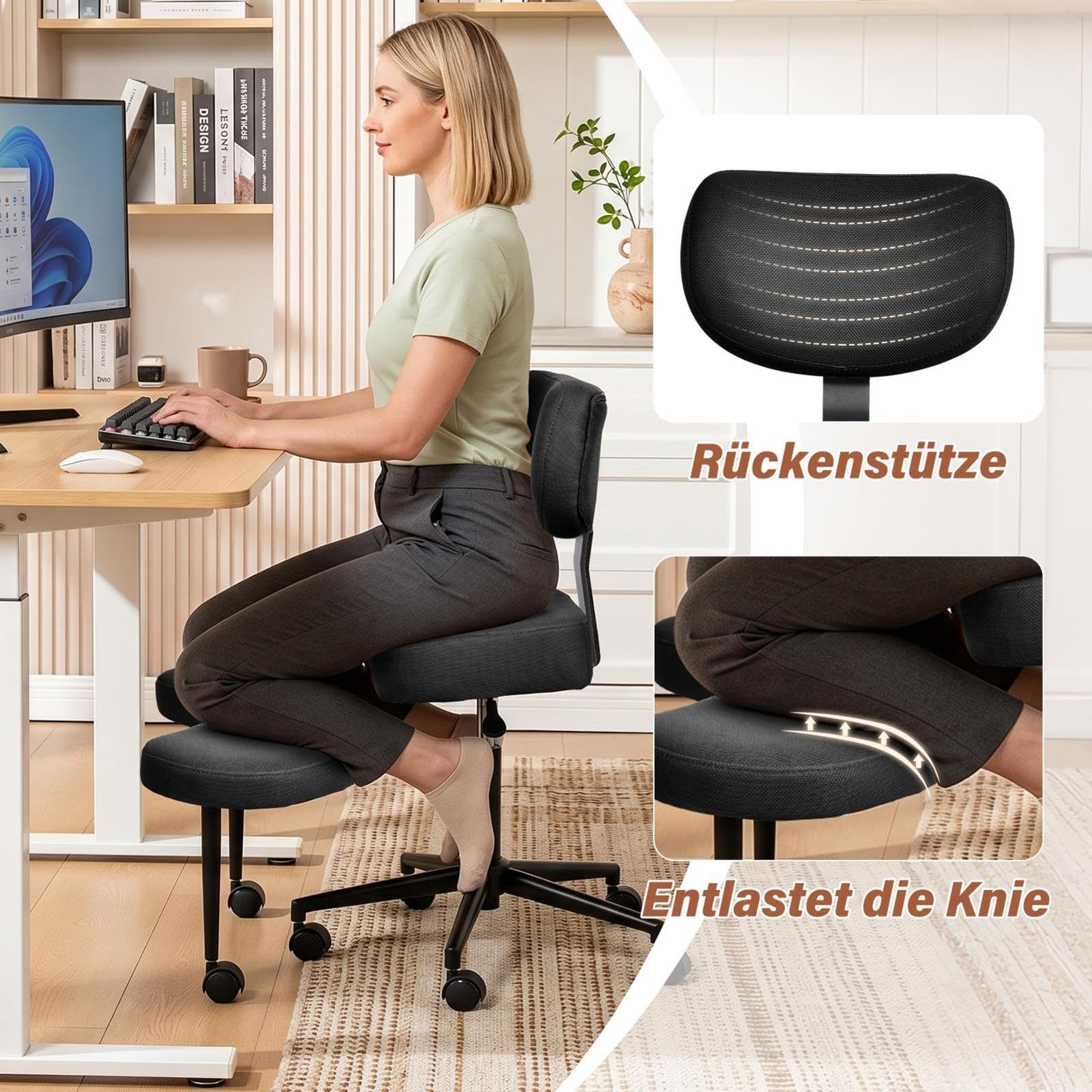 Meditationsstuhl, Crosses Legged Chair with Wheels, Yogastuhl ADHD Stuhl Mit Lendenwirbelstütze Und Verstellbarem Neigungswinkel, 47–59cm Einstellbare Höhe for Home and Offices
