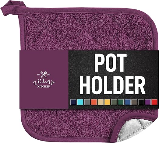 Zulay 1-Pack Pot Holders for Kitchen Heat Resistant Cotton - 7x7 Inch Hot Pot Holder Set - Quilted Terry Cloth Potholders for Kitchens - Washable Potholder for Cooking & Baking (Purple)
