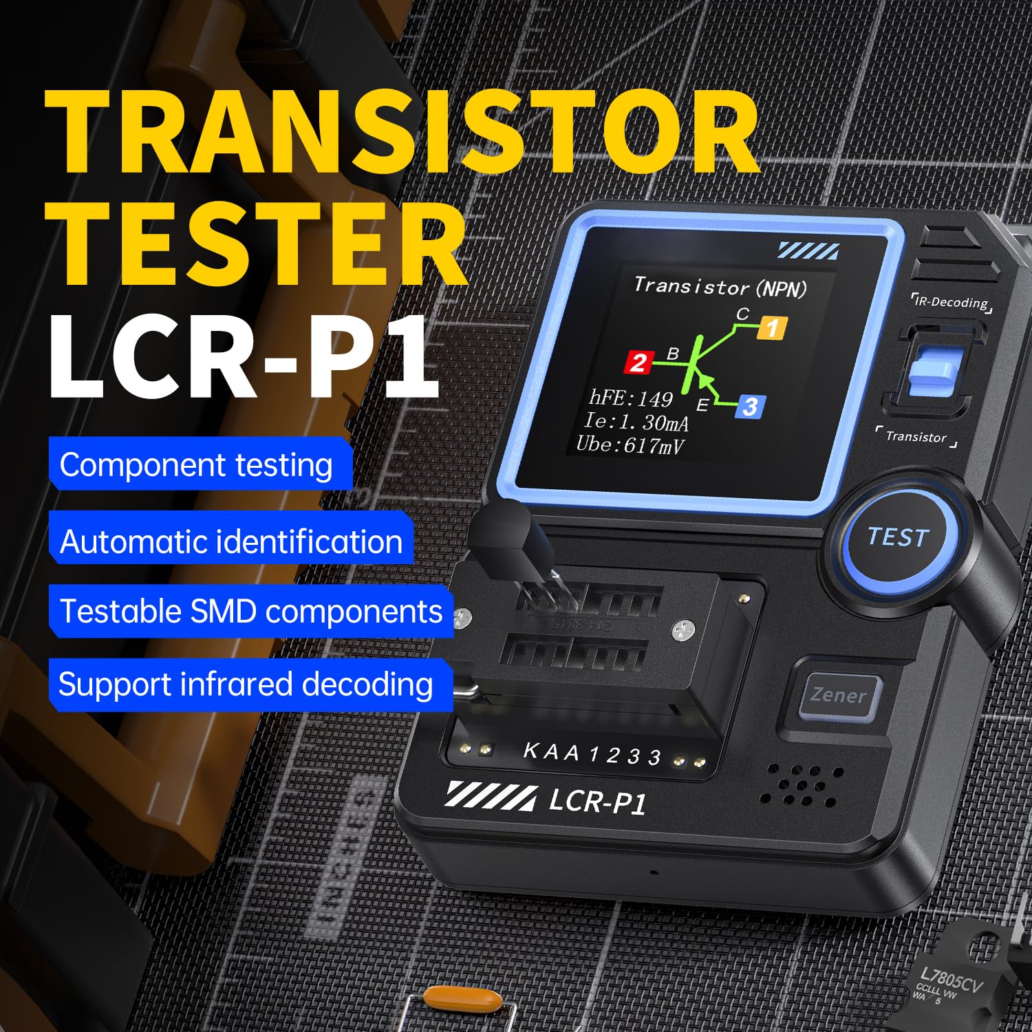 Tester tranzystorów LCRP1, wielofunkcyjny miernik komponentów elektronicznych z kolorowym ekranem do narzędzia do analizy półprzewodników