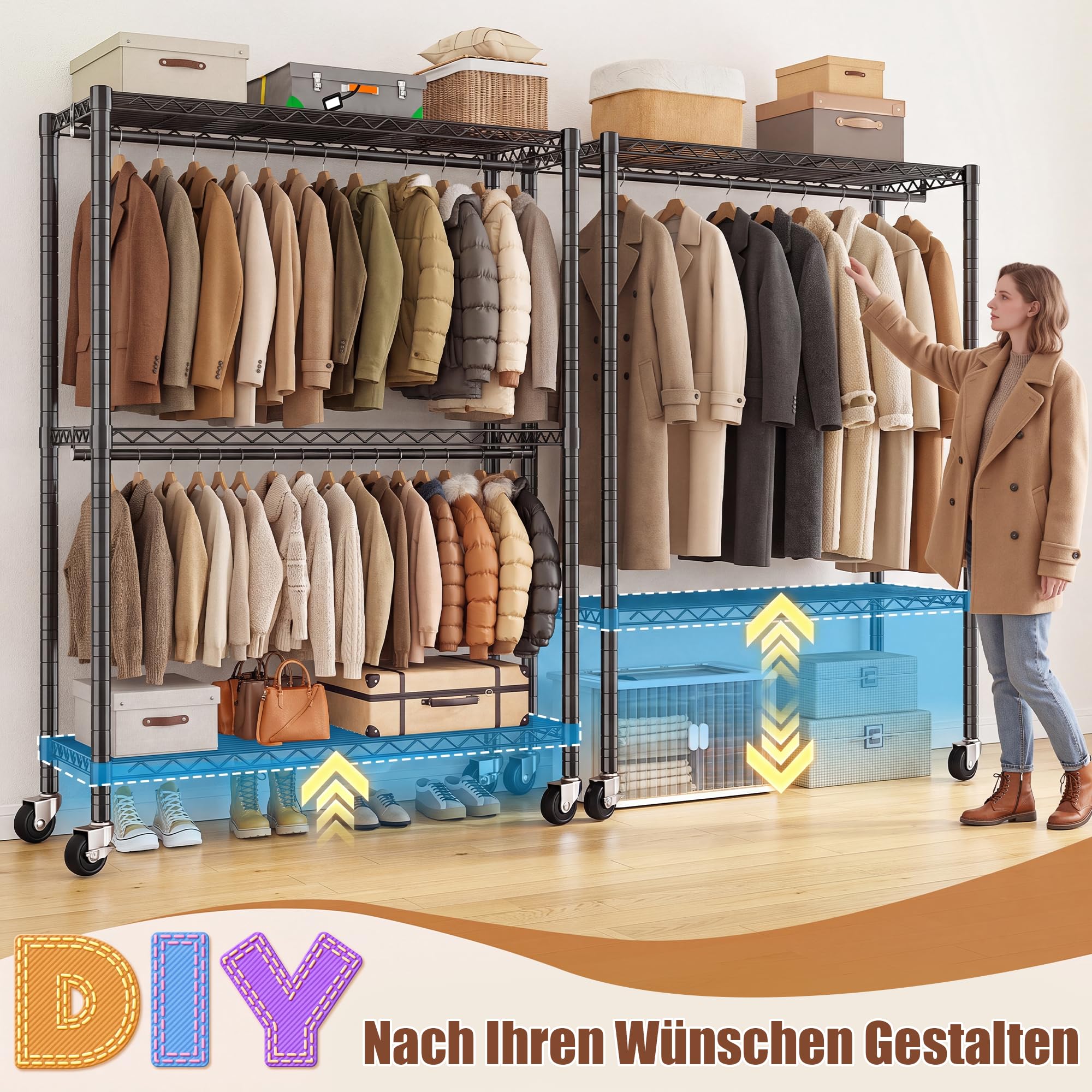 Höhenverstellbarer Kleiderständer auf Rollen mit 2 Kleiderstangen | 90 * 40 * 200cm, Höhe frei einstellbar,200KG Traglast, Kleiderständer mit verstellbare Ablageplatte für Kleidung,Schwarz