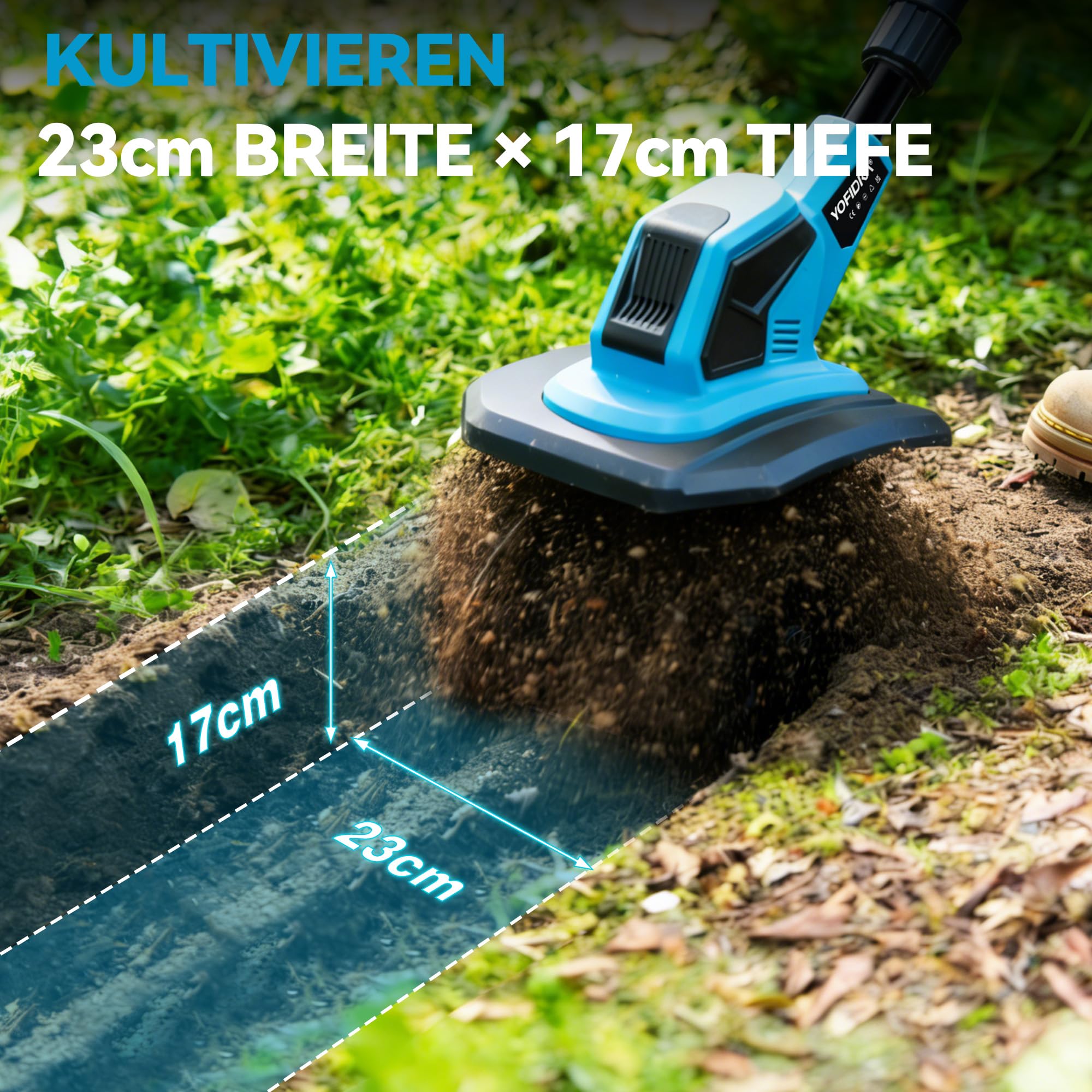 Yofidra Akku-Bodenhacke Gartenfräse - 600W Motorhacke mit 23cm Arbeitsbreite, 17cm Arbeitstiefe, LED-Anzeige, 2x2.0Ah Akku, 4x12 Zähne Bodenfräse für Bodenbearbeitung, Elektro-Tiller für Garten