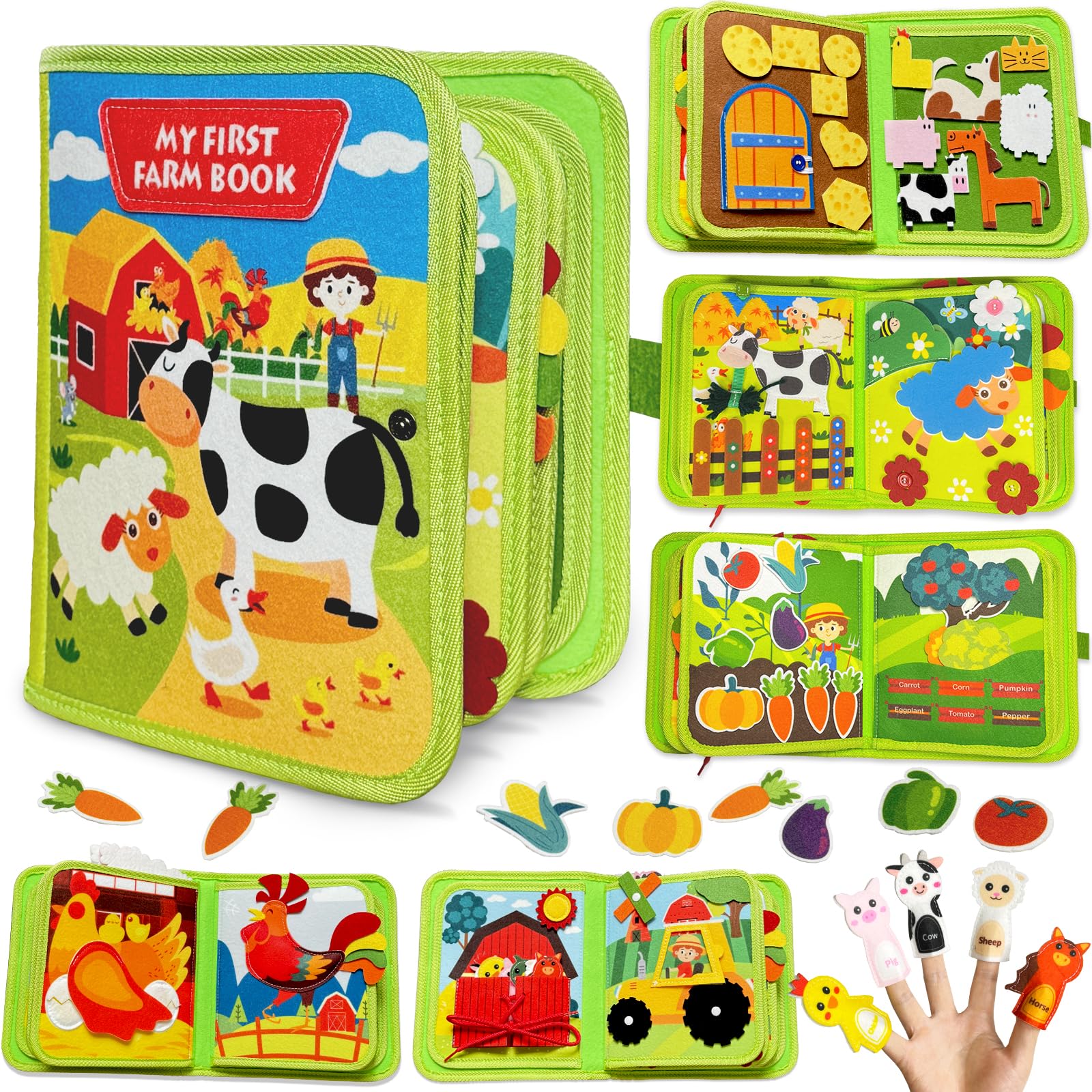 Kulveanju Busy Board Book for Toddler, Farm Quiet Book Montessori Sensory Activities Car Plane Travel Toys
