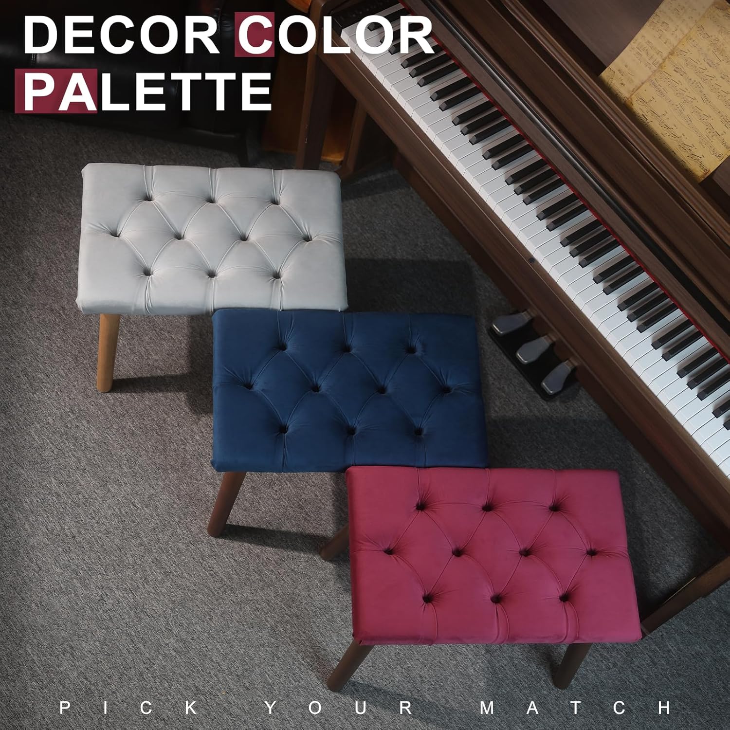 AKLOT Velvet Upholstered Piano Bench: Rubberwood Legs with 300-Pound Load Capacity, Ergonomically Set Seat Height, Easy Assembly, Purpose Keyboard Stool for Vanity, Bedroom and Living Room (Wine Red)