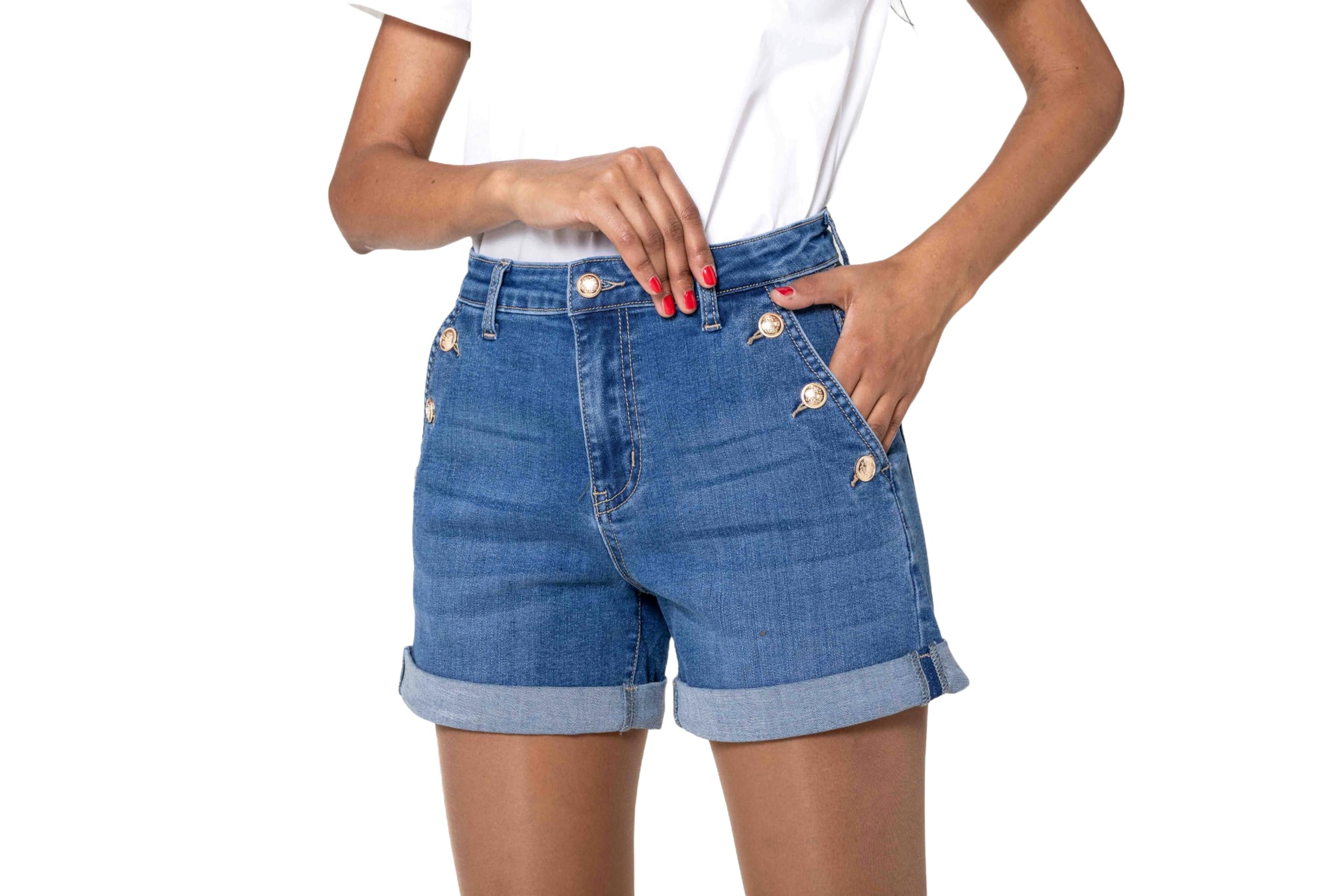 Nina Carter Short en jean taille haute pour femme, au look usé, élégant, short d'été en denim