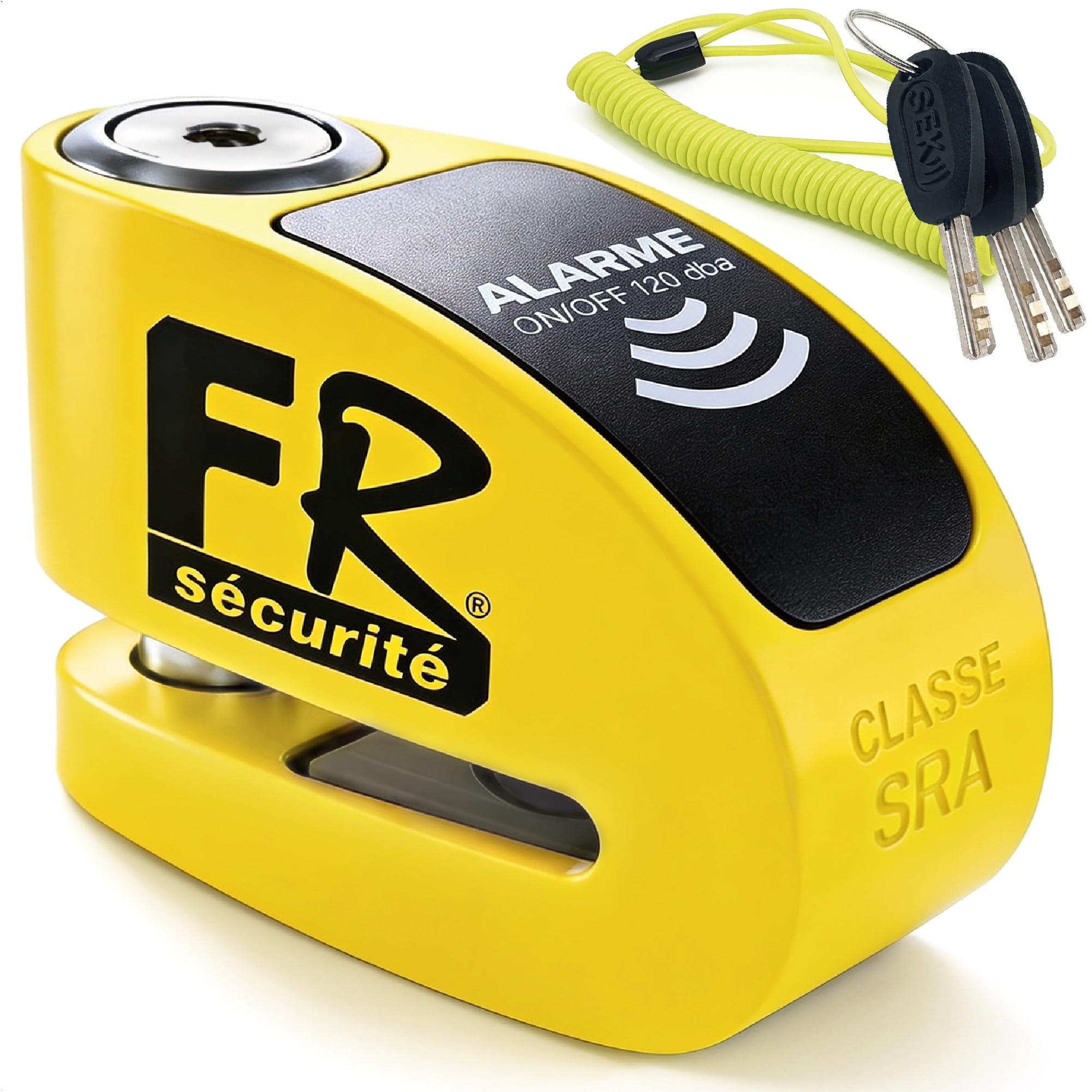 FR SECURITE FR410Y Bloccadisco Moto Lucchetto Omologato Allarme 120dB Opzionale, Doppia Chiusura ø10mm, Serratura Alta Sicurezza, Acciaio Inossidabile, Antifurto Blocco Scooter Bicicletta