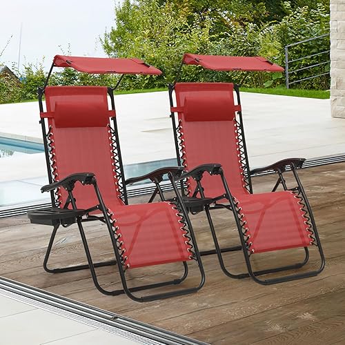 Miniatura 2 de Magshion Juego de 2 sillas Zero Gravity con dosel, silla reclinable reclinable para patio al aire libre, plegable antigravedad, tumbona portátil con