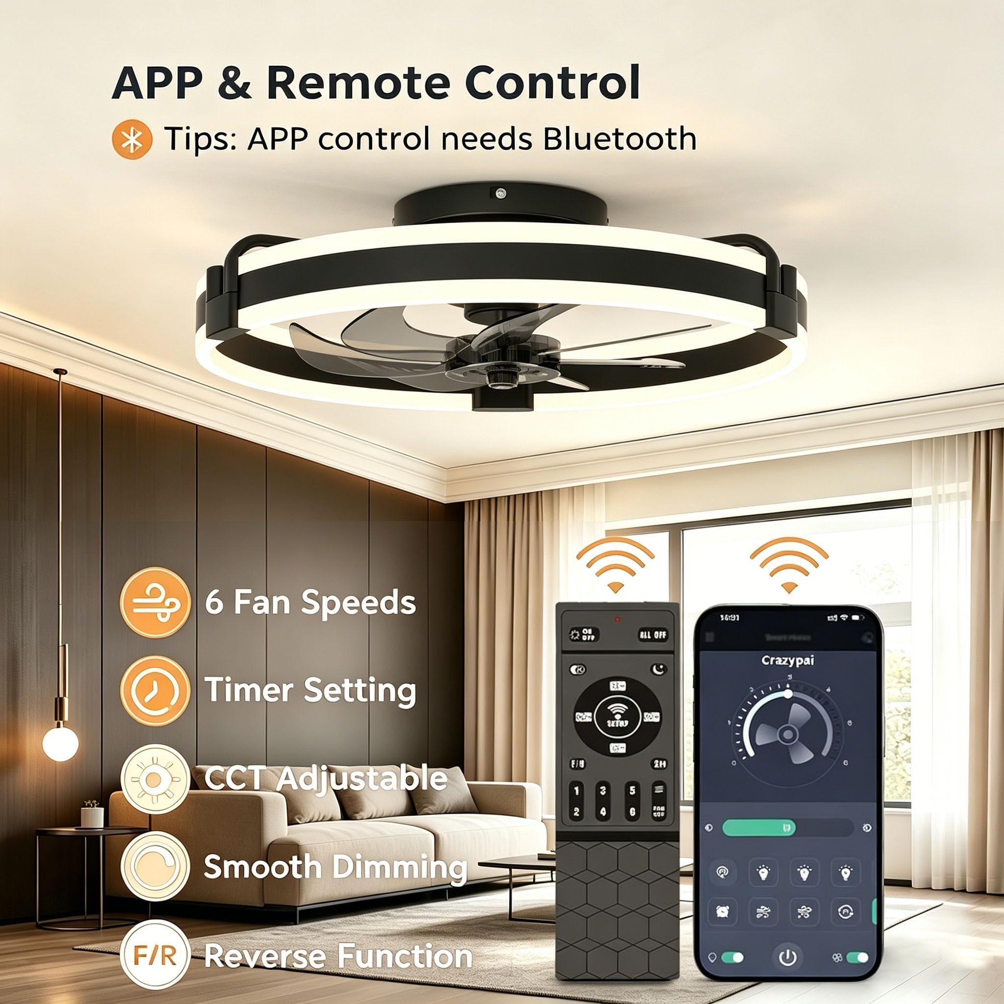 ASJK Plafonnier ventilateur LED 50 cm avec télécommande, 60 W 6000 lm, 6 vitesses, éclairage réglable, minuterie 2 h et rotation réversible, noir