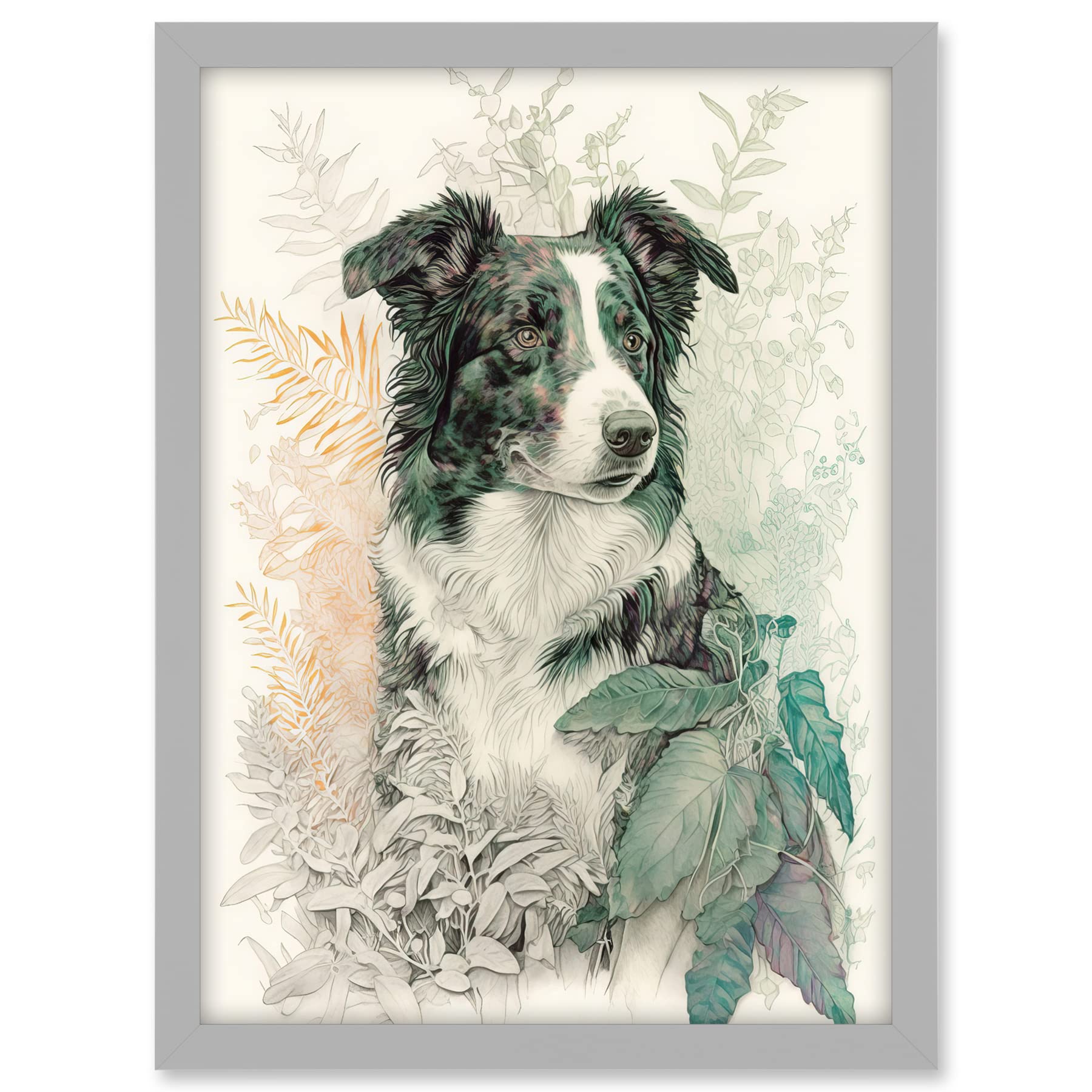 Border Collie Dog in Field Modern Colour Pencil Portrait Illustration Artwork Framed A3 Wall Art Print