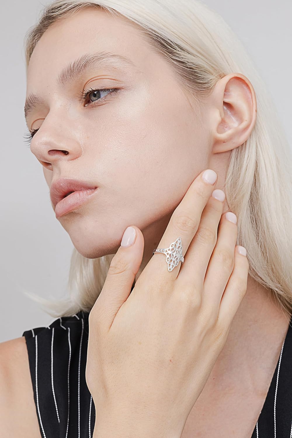 Hoops & Loops 925 Sterling Silver Filigree Victorian Style Ring for Women, Silver, Yellow & Rose Gold - Image 2