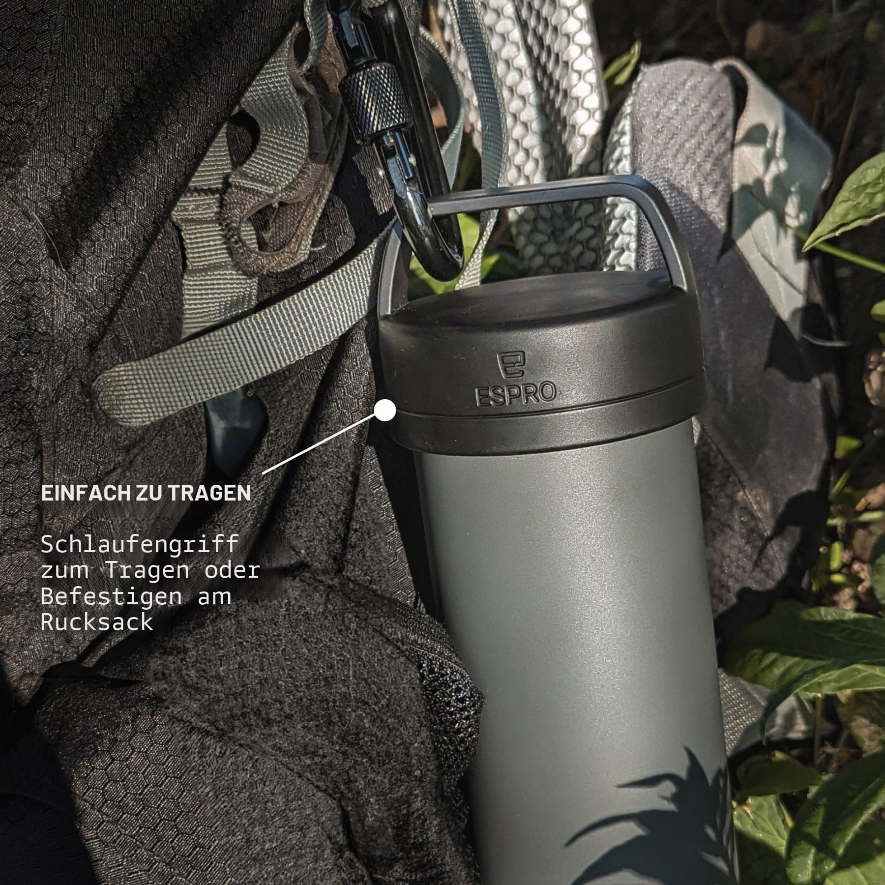 ESPRO – P0 Ultralight – Französische Kaffeepresse für Einzelportionen und leichte Trinkflasche für Reisen, Camping und den täglichen Gebrauch, Edelstahl, vakuumisoliert, 16 oz (Matte Meteorite Black)