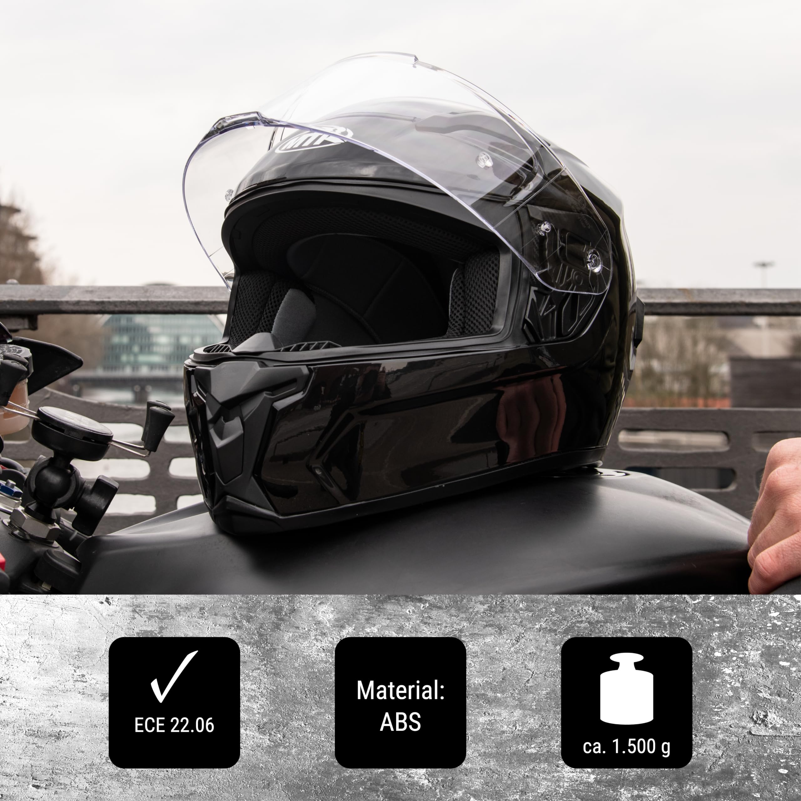 MTR S-6 Evo Integralhelm, Motorradhelm ECE 22.06 Zertifiziert - Maximale Verkehrssicherheit, Robuster & Leiser Motorrad Helm, Kinn & Kopf Belüftung, Ratschenverschluss, Klares Visier, Schwarz, XS-XXL