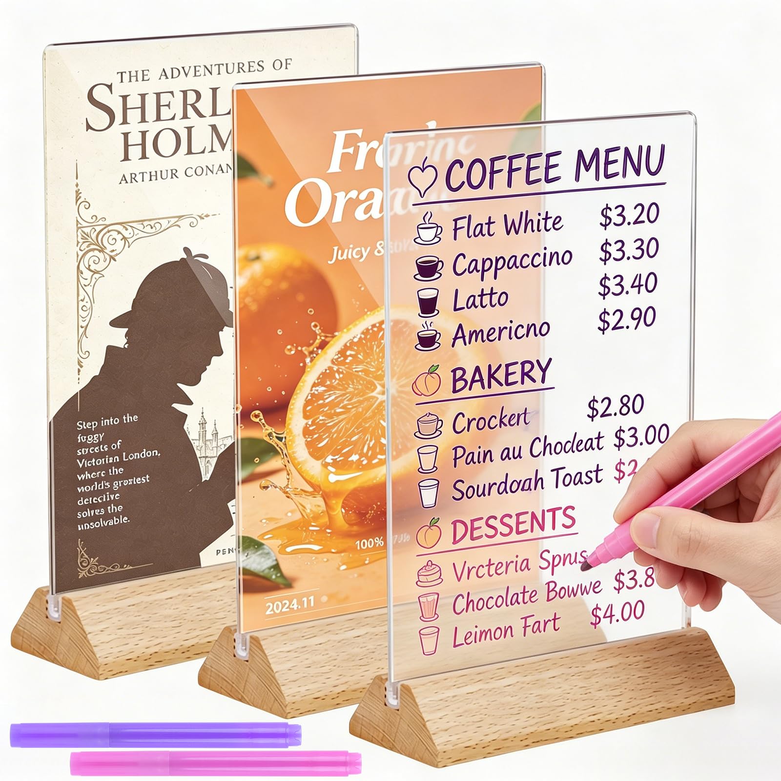 3PCS A5 Acrylic Sign Holder, A5 Acrylic Double Sided Display Stand with 2 Erasable Pens, Wooden Base,Clear Poster Menu Holder, T-Shape Perspex Display Stands for Tables, Restaurant, Office, Shop, Home