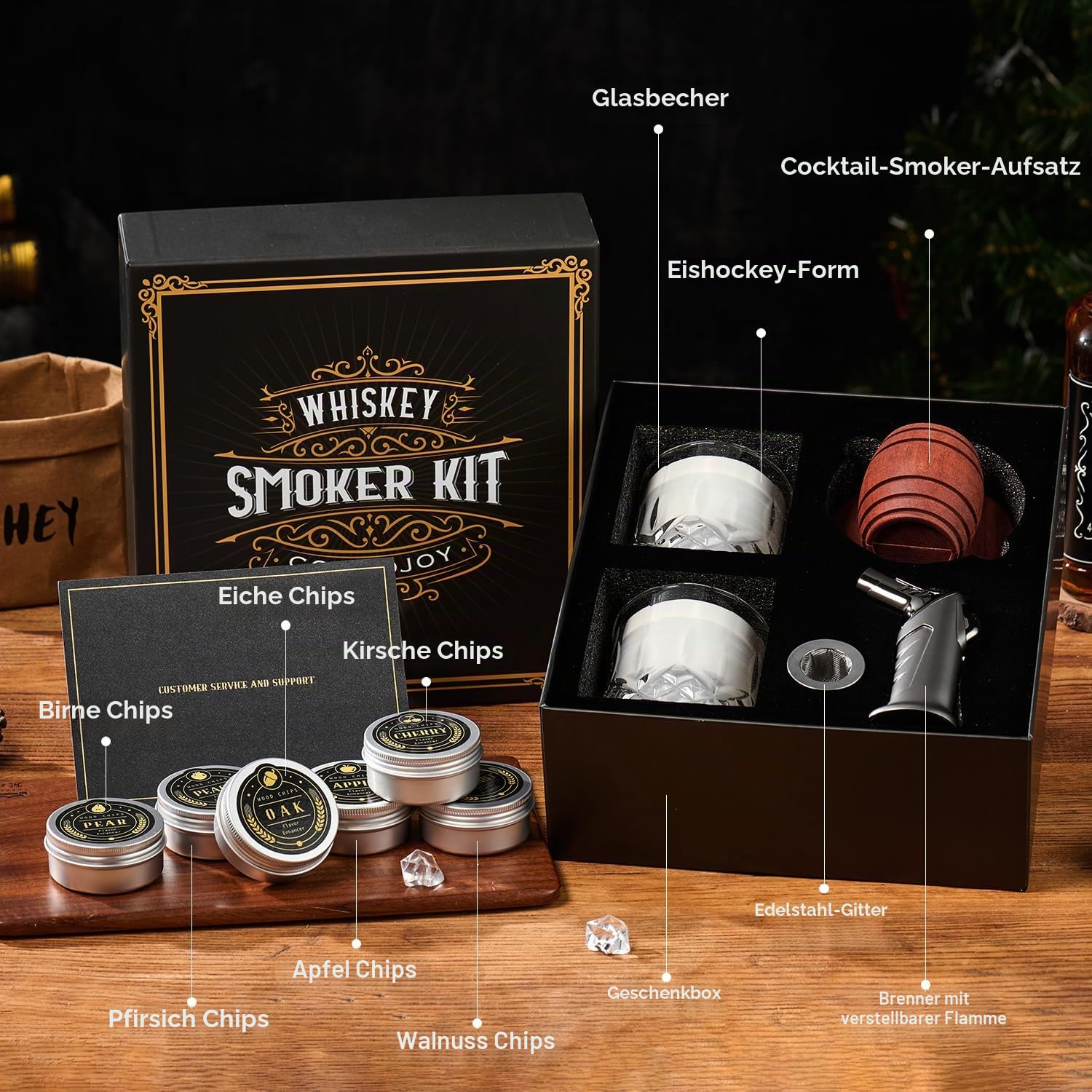 Whiskey Smoker Kit with Torch,6 Flavors Wood Chips, 2 Glasses, 2 Ice Ball Molds,Cocktail Smoker Infuser Kit, Old Fashioned Drink Smoker Kit, Husband , Boyfriend (Without Butan)