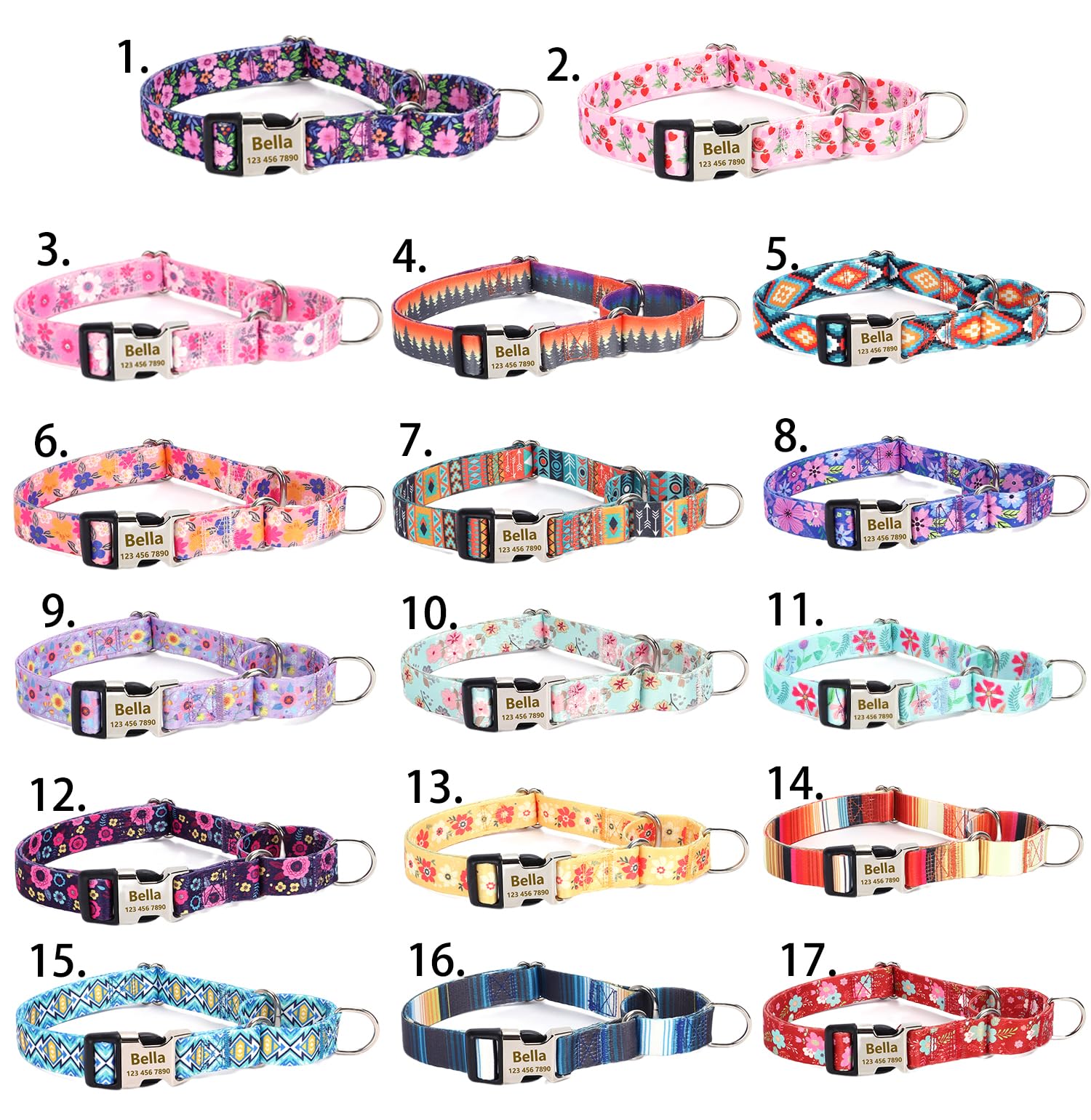 Moonpet Personalized Custom Customized Martingale Dog Collars with Engraved ID Name Plate Phone Number for Puppy X-Small Small Medium Large X-Large Boy Girl Dogs