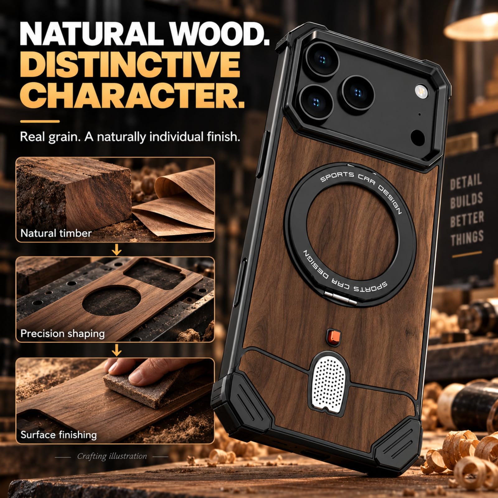 Coque en Bois Naturel pour iPhone 17Pro Max - Wood & Silver